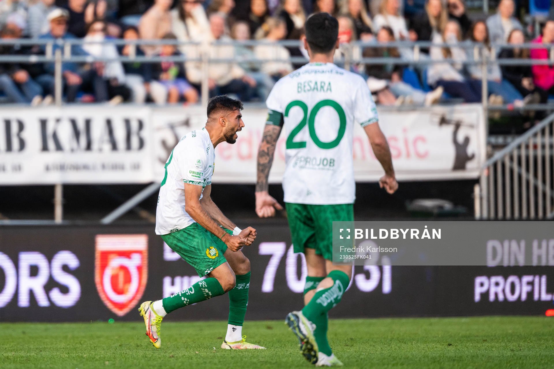 Hammarbys Montader Madjed jublar efter att han gjort 2-2 under fotbollsmatchen i Allsvenskan mellan Degerfors och Hammarby den 25 maj 2023 i Degerfors.