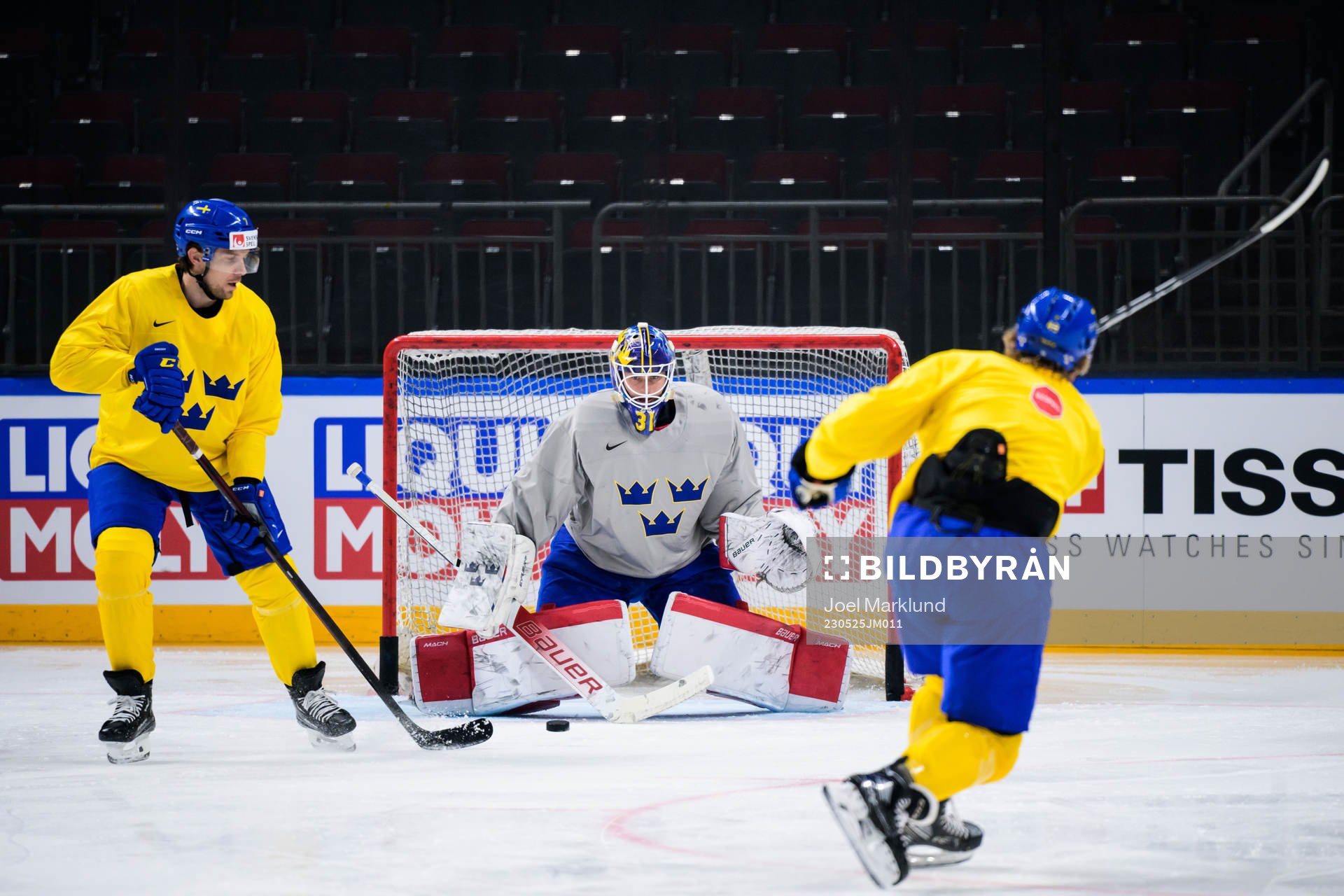 Henrik Tömmernes and goaltender Lars Johansson of Sweden