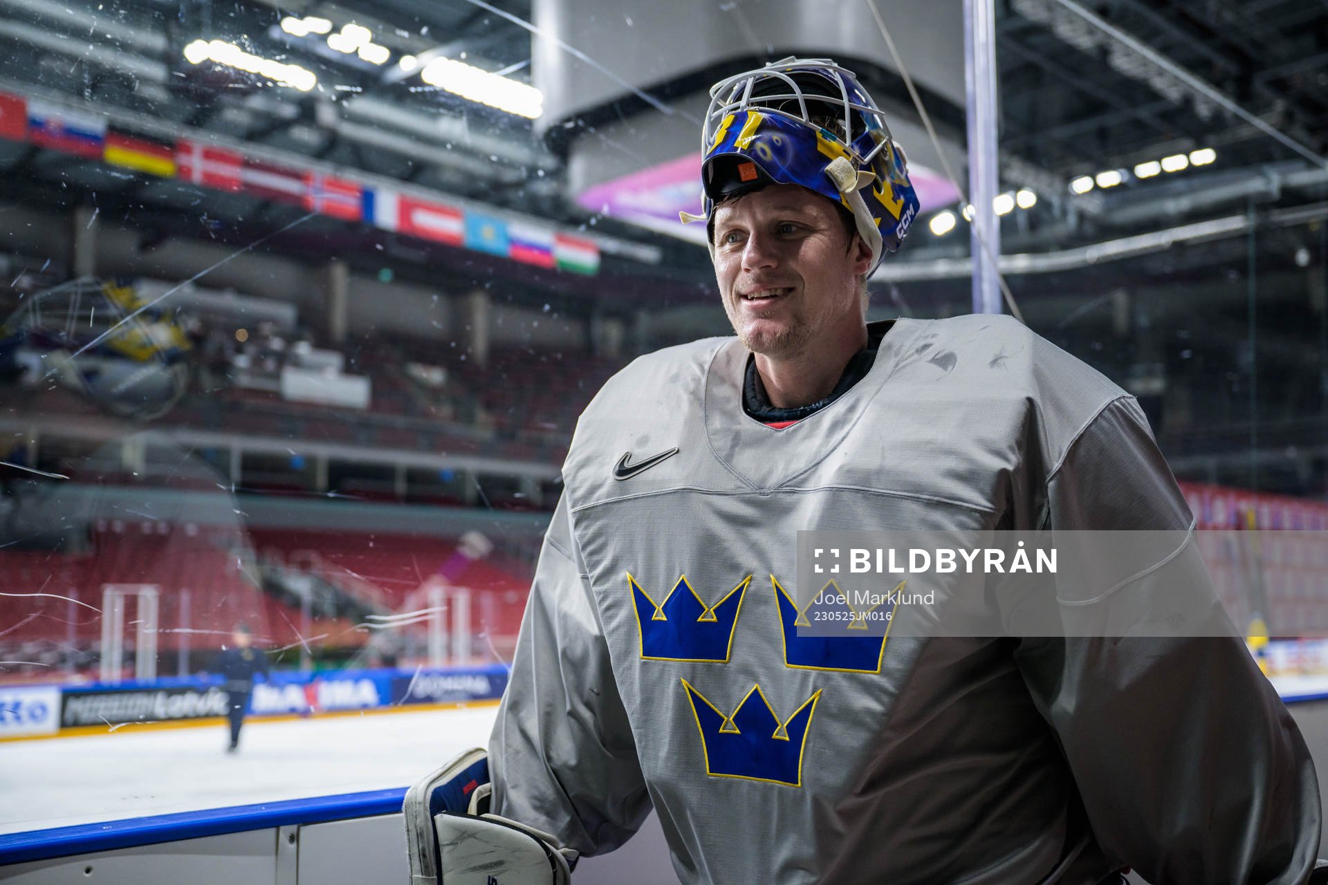 Goaltender Lars Johansson of Sweden at a practice session