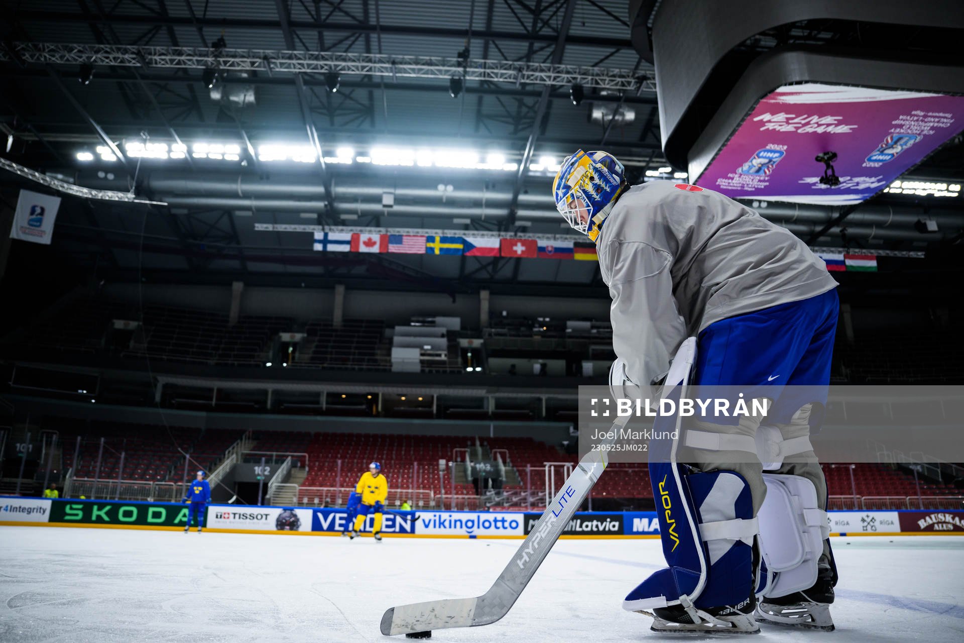 Goaltender Jesper Wallstedt of Sweden at a practice session