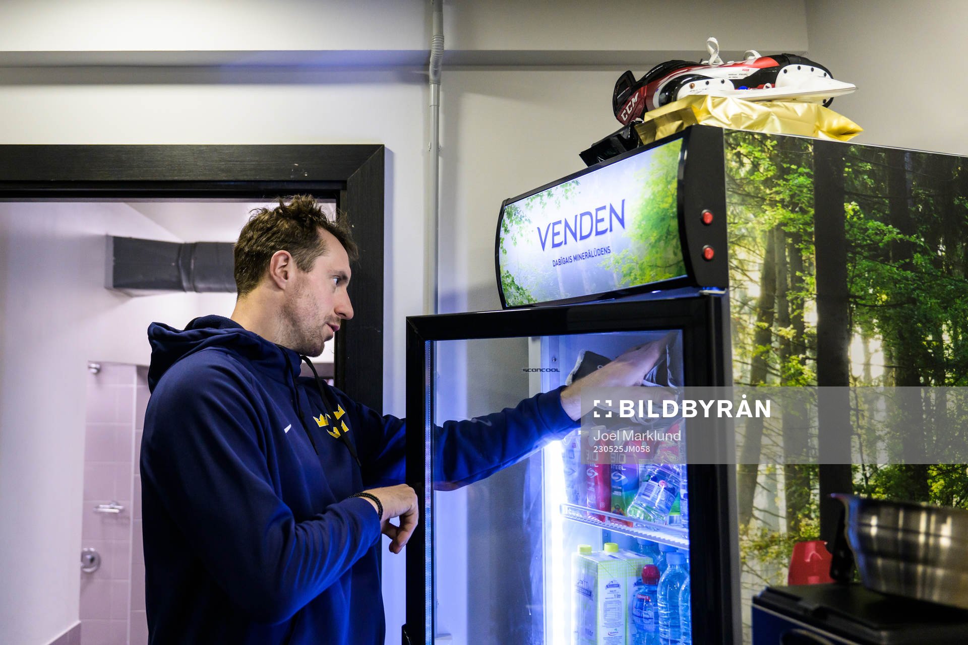 Patrik Nemeth of Sweden puts a skate inside a fridge