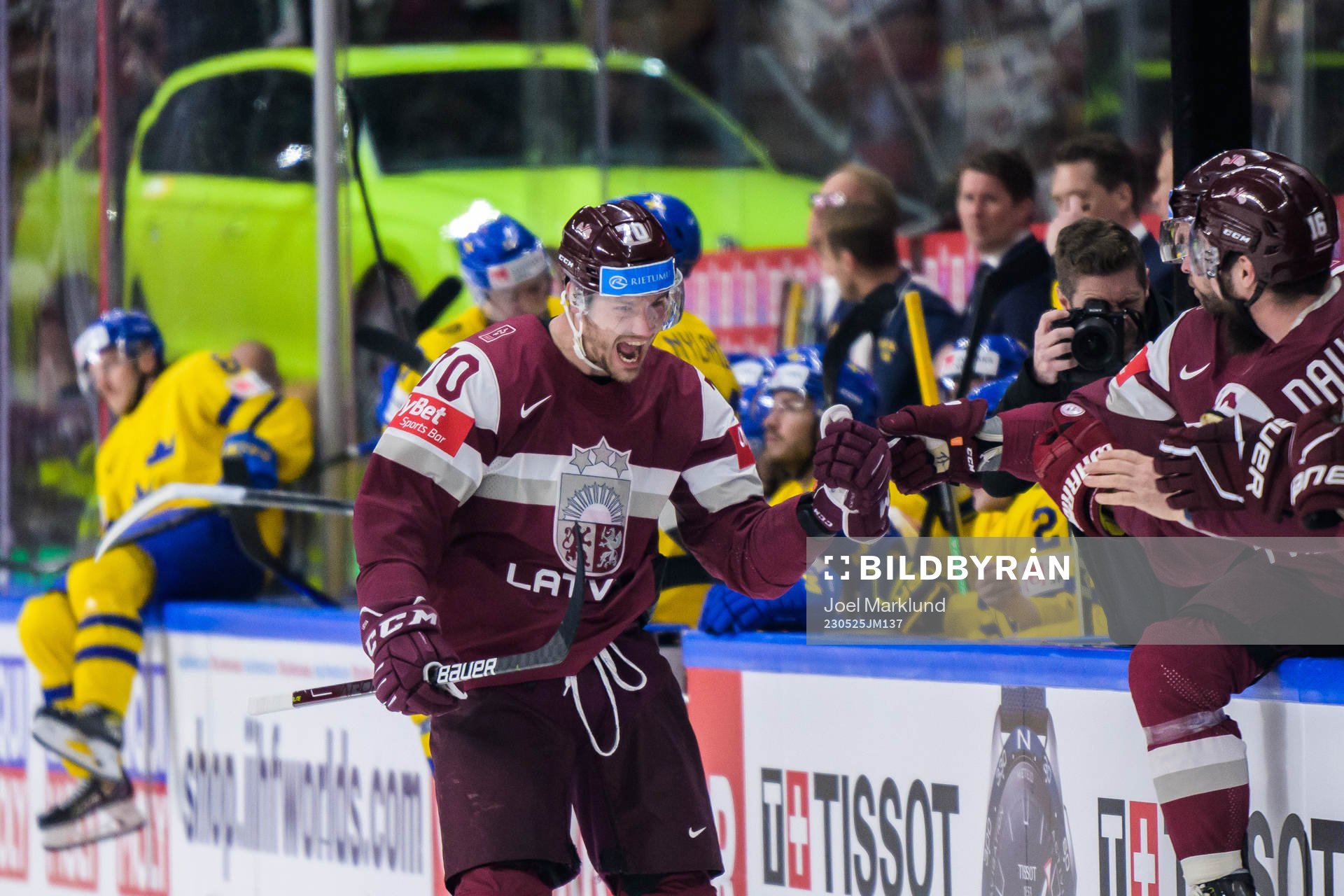 Miks Indrasis of Latvia celebrates scoring 1-2