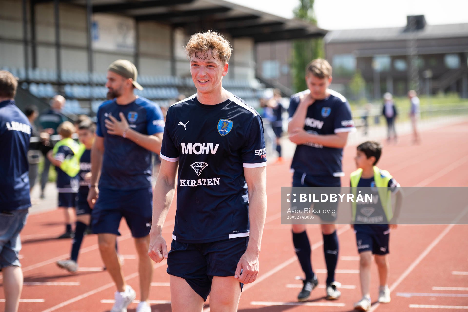 Staffanstorps Niklas Mårtensson jublar efter slutsignalen under fotbollsmatchen i Division 4 södra mellan Staffanstorps United och Vellinge FF den 27 maj 2023 i Staffanstorp.