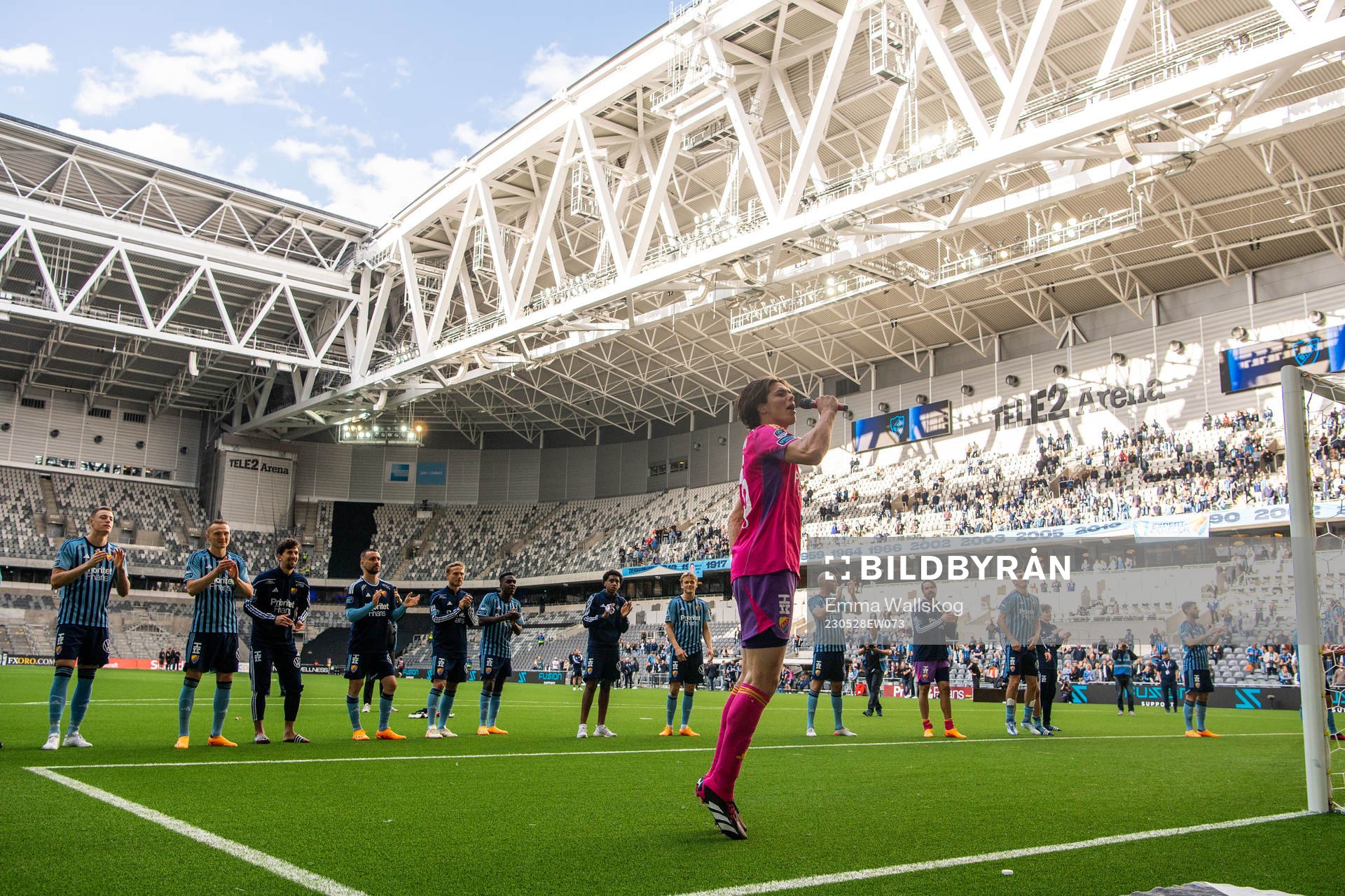 Djurgårdens målvakt Jacob Widell Zetterström jublar efter fotbollsmatchen i Allsvenskan mellan Djurgården och AIK den 28 maj 2023 i Stockholm. 