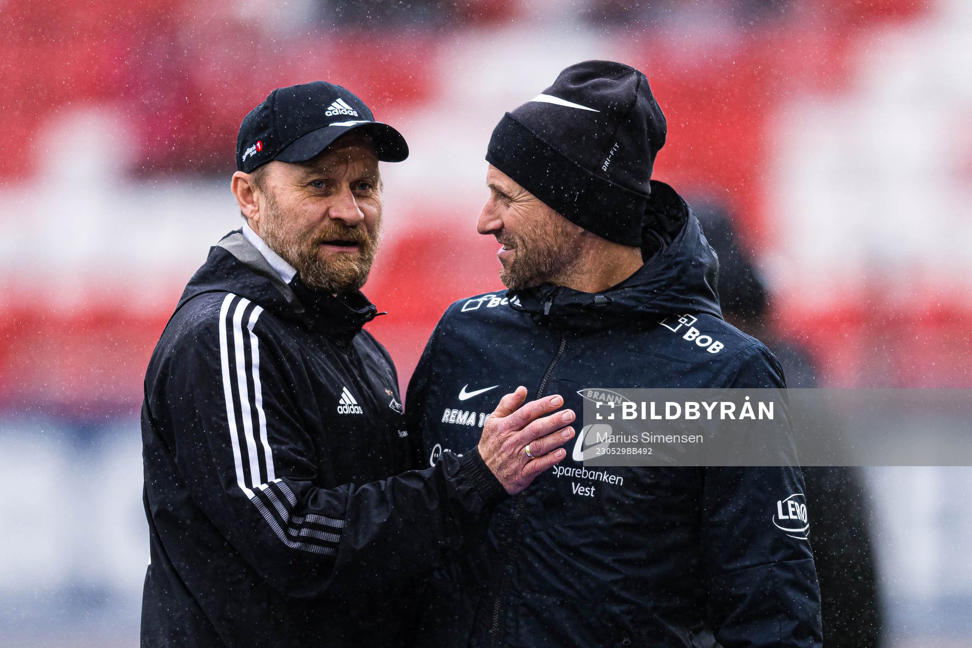 Geir Frigård, assistant coach of Rosenborg, and Eirik Horneland, head coach of Brann, ahead of the Eliteserien match between Brann and Rosenborg on May 29, 2023 in Bergen.