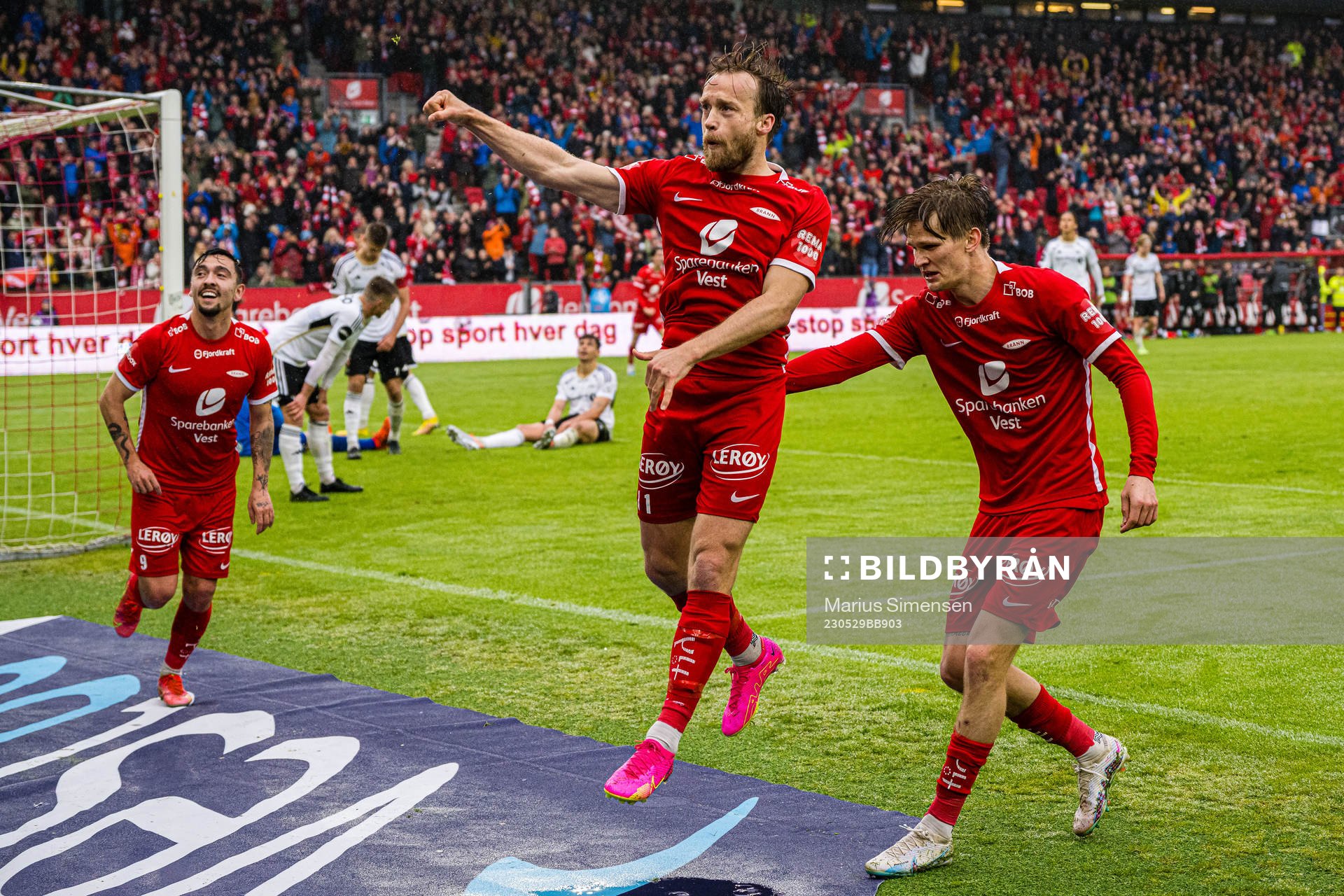 Bård Finne of Brann celebrates after scoring the 3-1 goal during the Eliteserien match between Brann and Rosenborg on May 29, 2023 in Bergen.