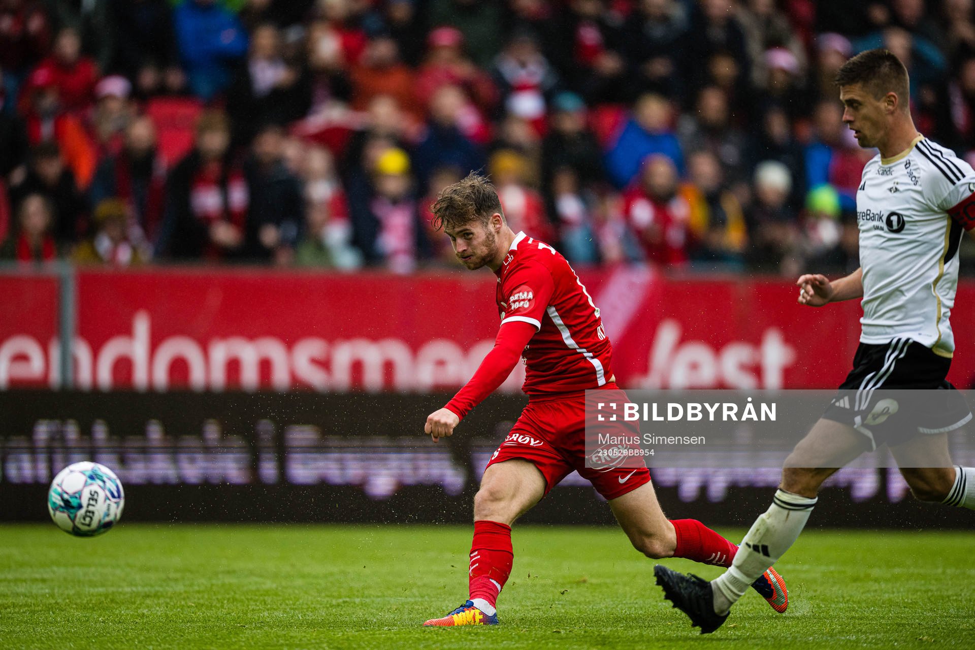 Ole Didrik Blomberg of Brann scores the 2-0 goal