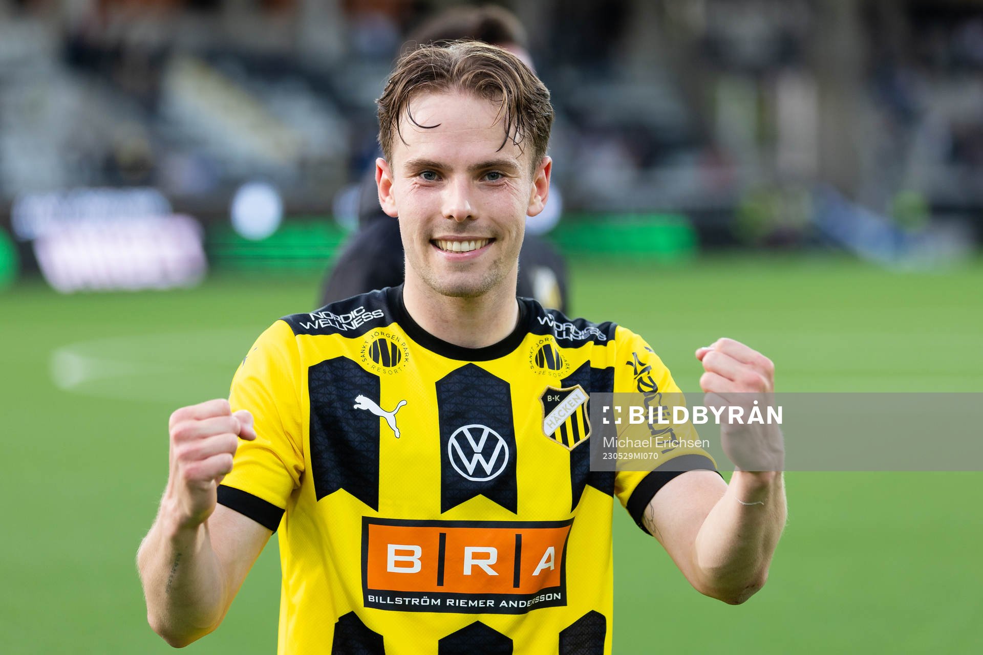Häckens Lars Olden Larsen jublar efter fotbollsmatchen i Allsvenskan mellan Häcken och IFK Göteborg den 29 maj 2023 i Göteborg. 