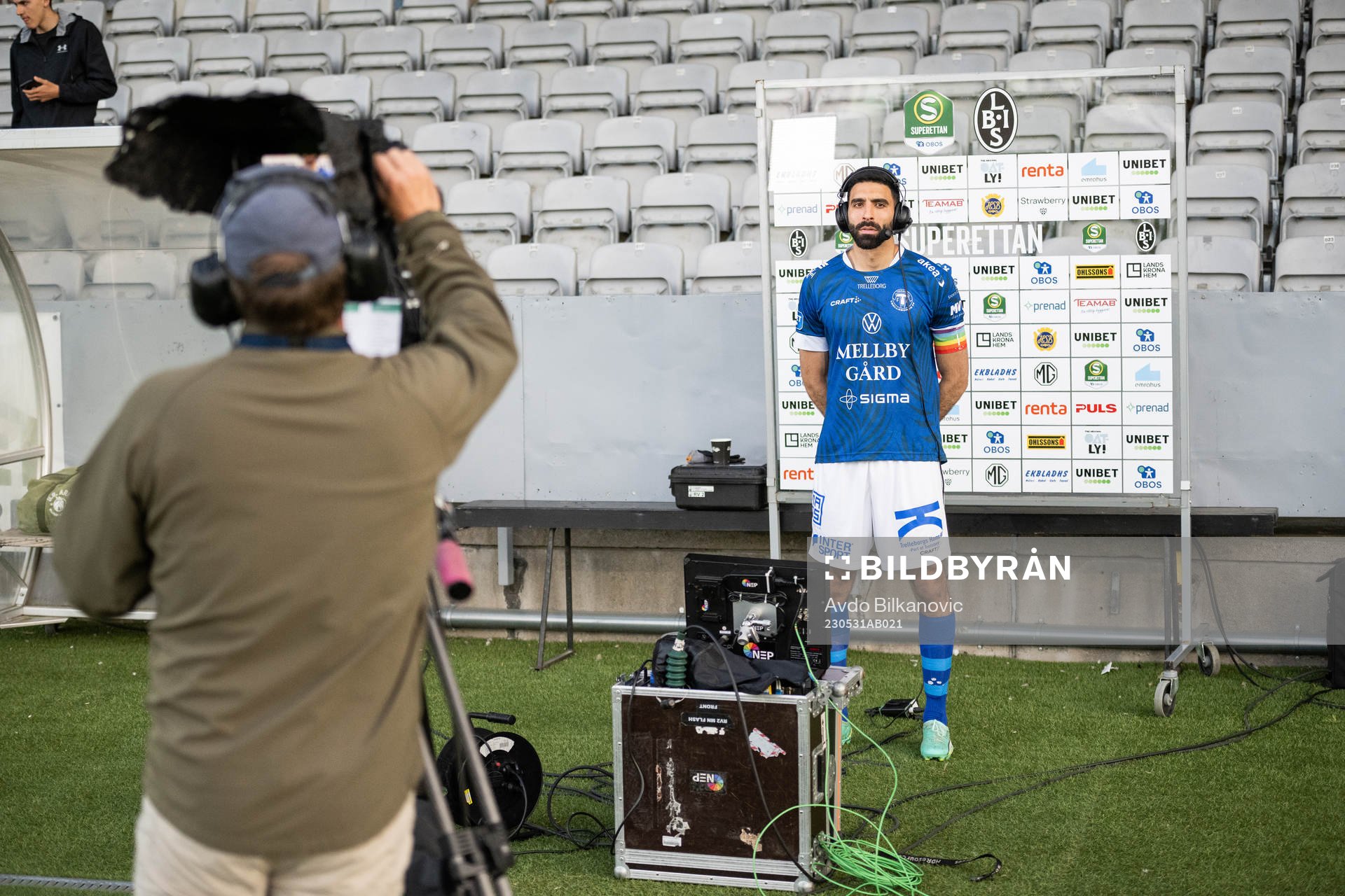 Trelleborgs Mouhammed-Ali Dhaini under intervju efter fotbollsmatchen i Superettan mellan Landskrona och Trelleborg den 31 maj 2023 i Landskrona.