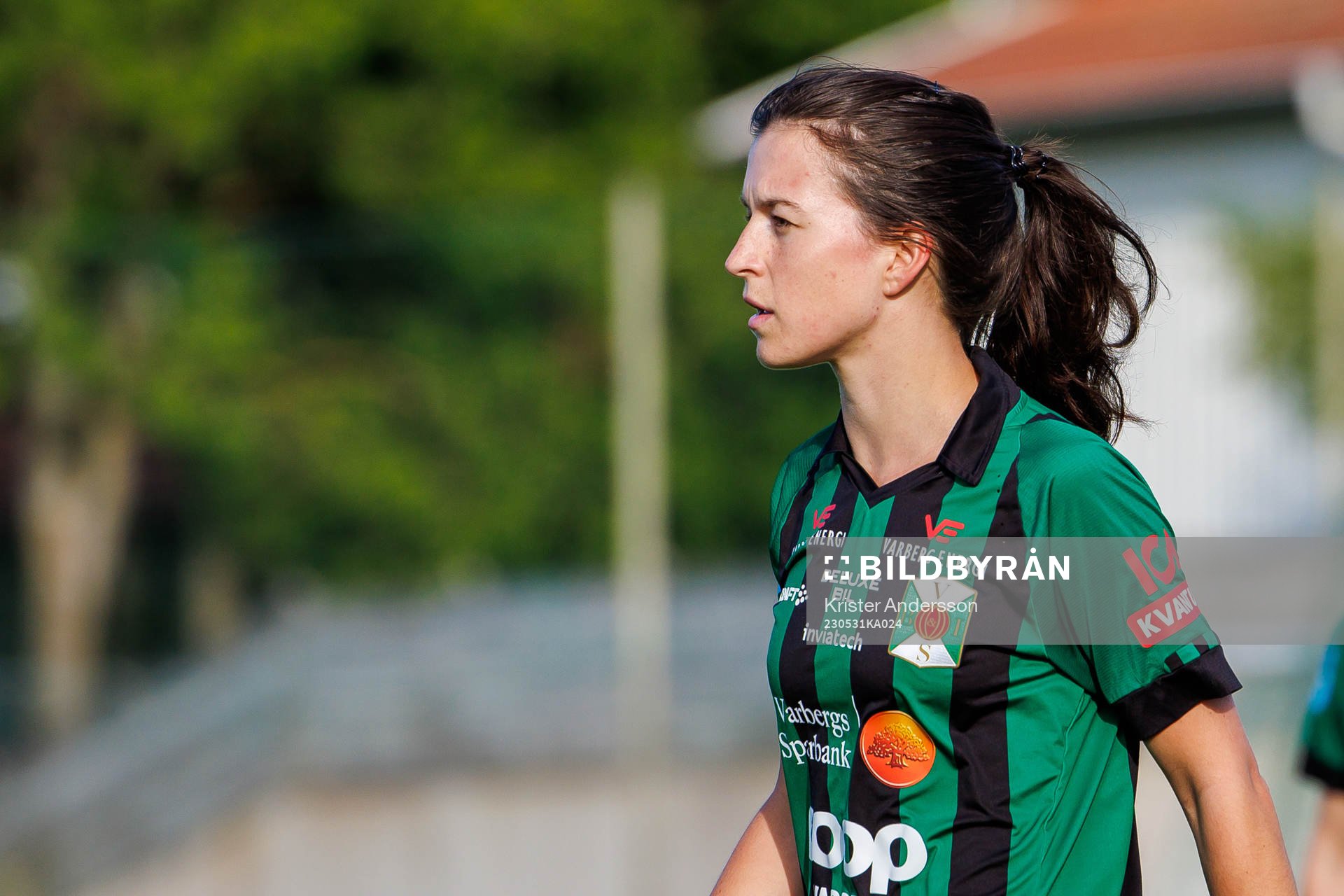 Varbergs Hanna Heurlin under fotbollsmatchen i Division 3 Halland, dam mellan Varbergs BoIS och Ullareds IK den 31 maj 2023 i Varberg.