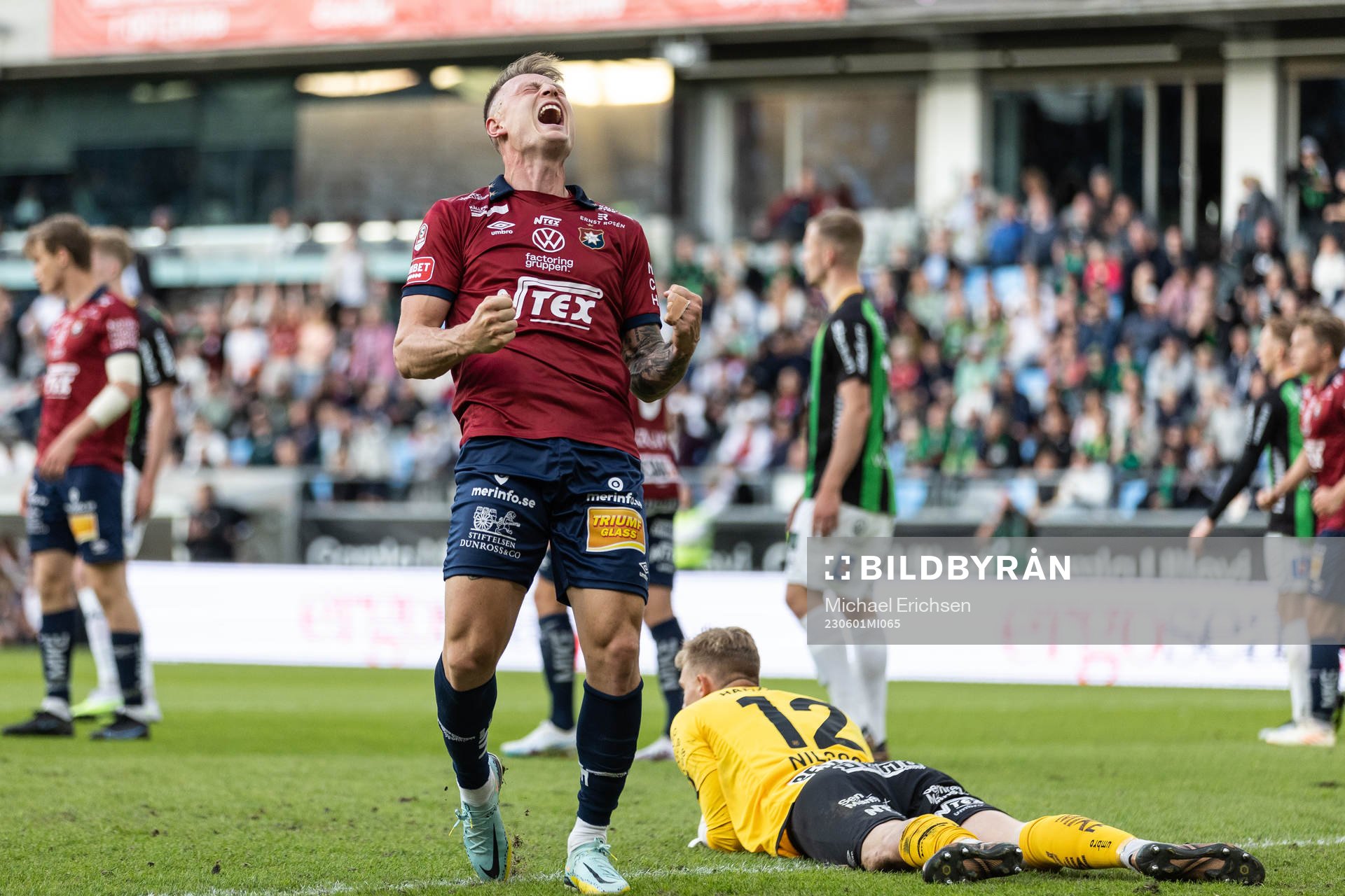 Örgrytes Marcus Haglind Sangre jublar under fotbollsmatchen i Superettan mellan GAIS och Örgryte den 1 juni 2023 i Göteborg. 