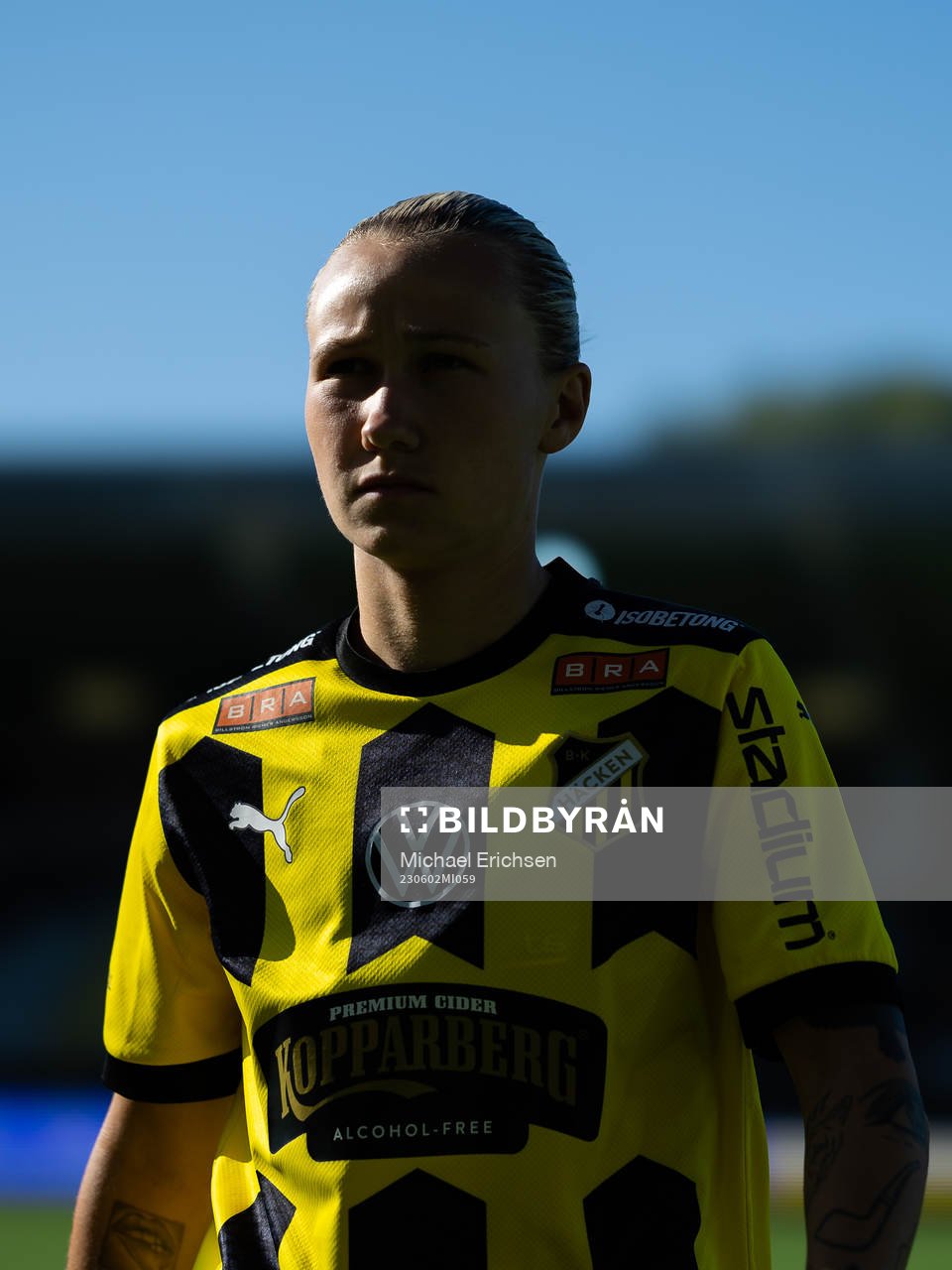 Häckens Marika Bergman Lundin innan  fotbollsmatchen i Damallsvenskan mellan Häcken och Kristianstad den 2 juni 2023 i Göteborg. 