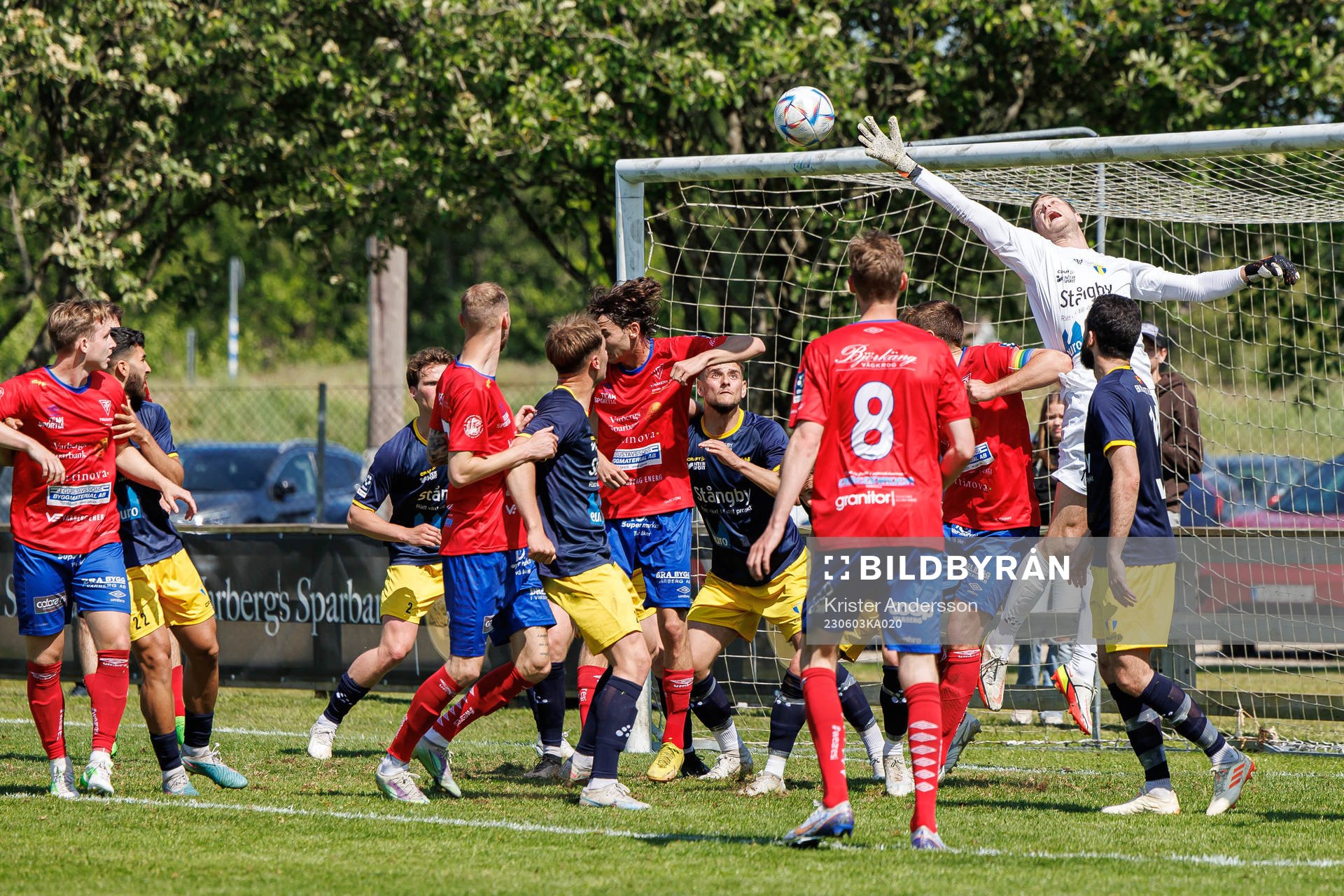 Torns målvakt Oliver Lindstedt under fotbollsmatchen i Ettan södra mellan Tvååker och Torn den 3 juni 2023 i Tvååker. 