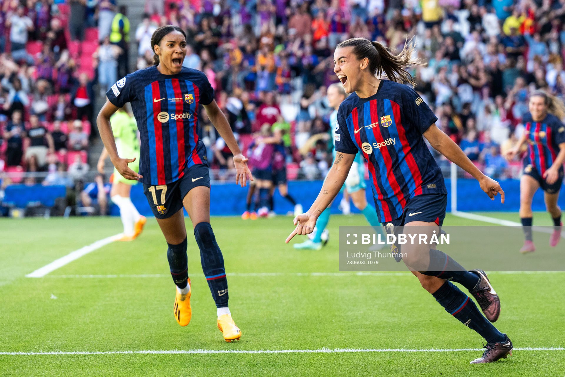 Patri Guijarro and Salma Paralluelo of Barcelona celebrate 2-2 during the UEFA Women's Champions League final match between Barcelona and Wolfsburg on June 3, 2023 in Eindhoven.