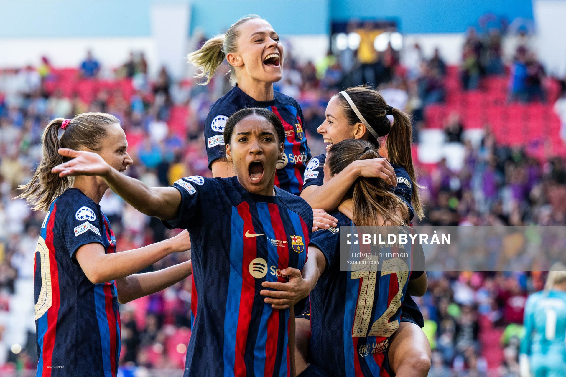 Fridolina Rolfö of Barcelona celebrates 2-2 by Patri Guijarro during the UEFA Women's Champions League final match between Barcelona and Wolfsburg on June 3, 2023 in Eindhoven.
