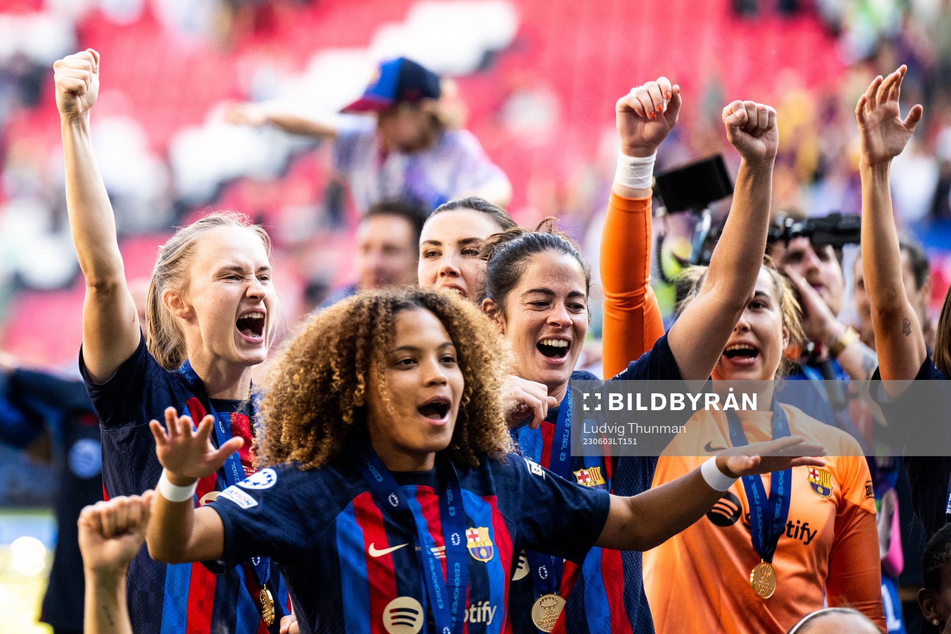 Caroline Graham Hansen of Barcelona celebrates after the UEFA Women's Champions League final match between Barcelona and Wolfsburg on June 3, 2023 in Eindhoven.