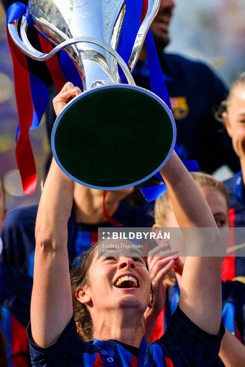 Marta Torrejon Moya of Barcelona lifts the trophy