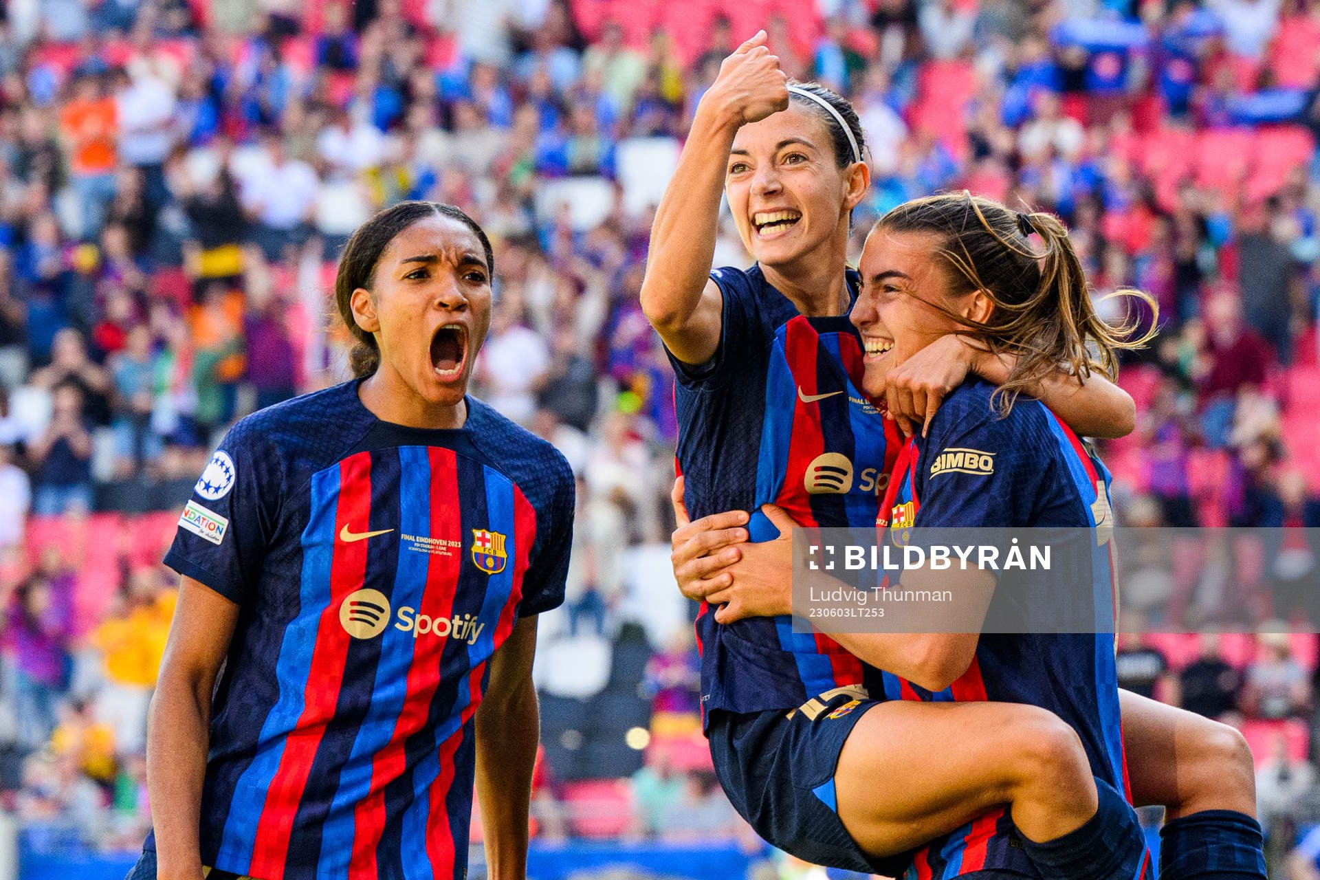 Patri Guijarro celebrate with Aitana Bonmati and and Salma Paralluelo of Barcelona after scoring 2-2 during the UEFA Women's Champions League final match between Barcelona and Wolfsburg on June 3, 2023 in Eindhoven.