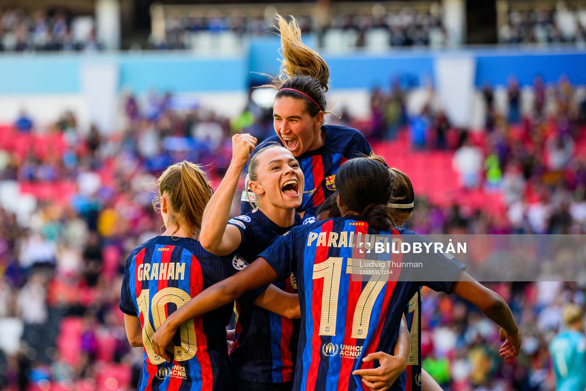 Patri Guijarro celebrate with Fridolina Rolfö and her teammates of Barcelona after scoring 2-2 during the UEFA Women's Champions League final match between Barcelona and Wolfsburg on June 3, 2023 in Eindhoven.