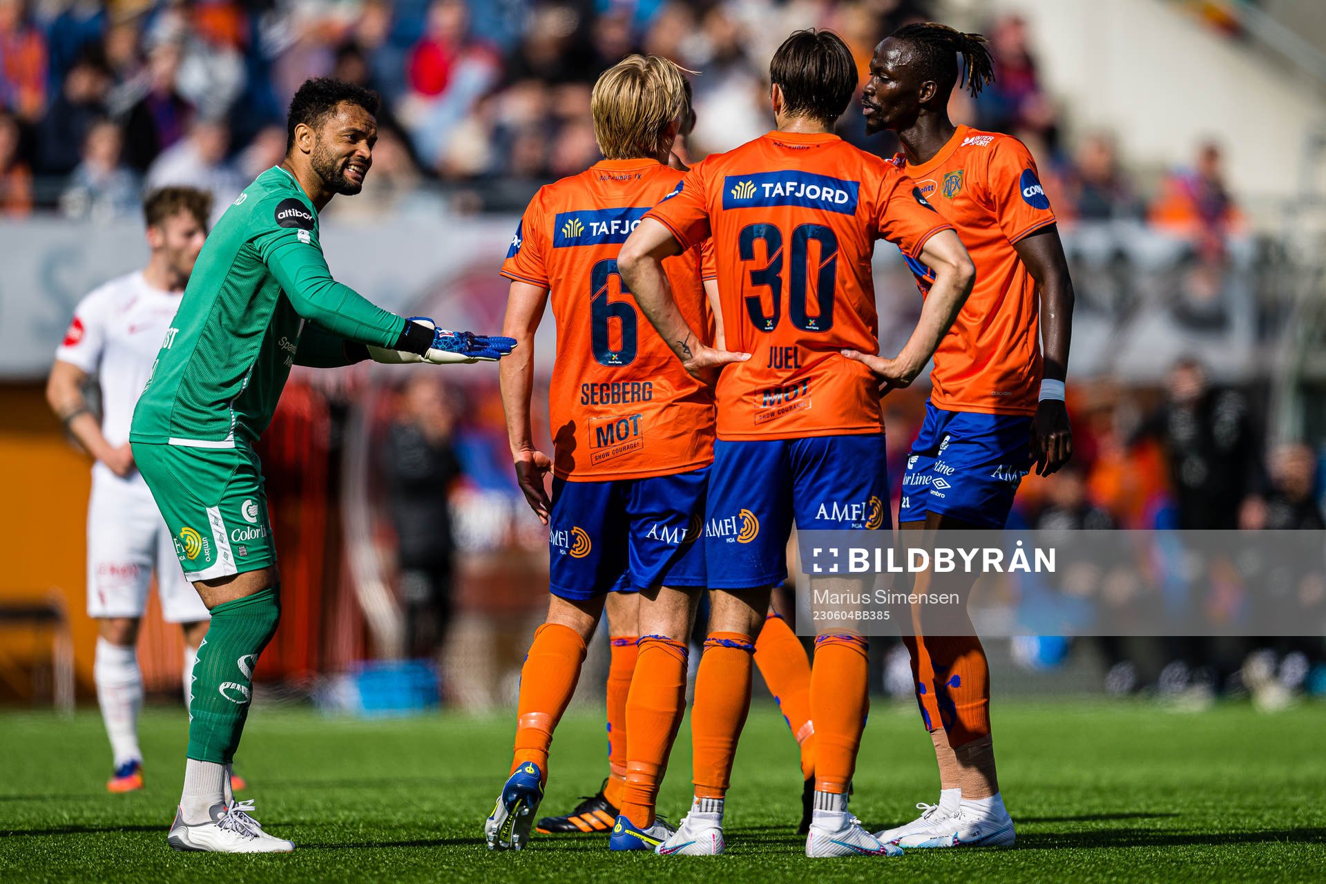 Sten Michael Grytebust, Erlend Segberg, Alexander Juel Andersen and Amidou Diop of Aalesund during the Eliteserien match between Aalesund and Brann on June 4, 2023 in Ålesund.