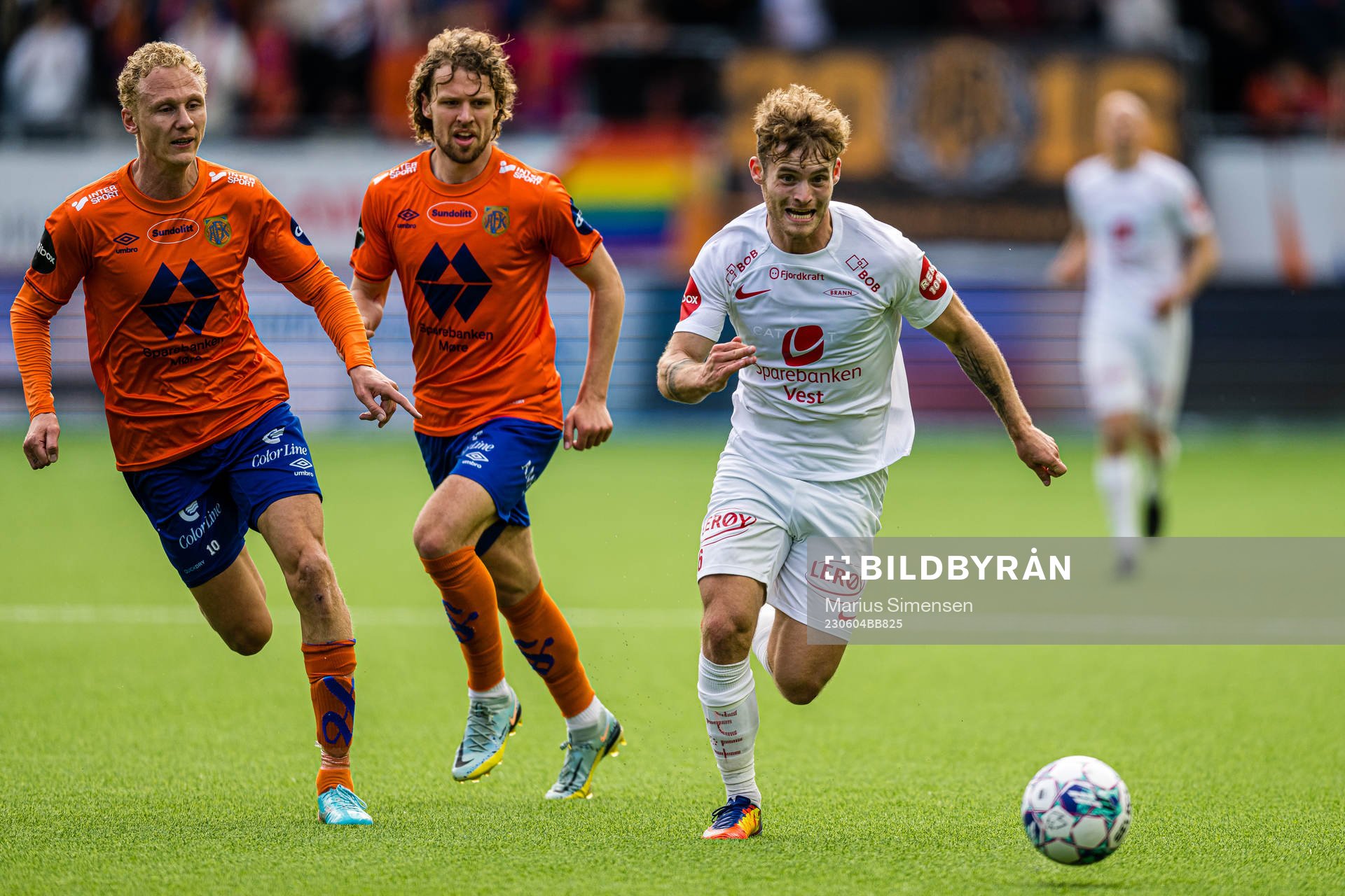 Kristoffer Barmen of Aalesund and Ole Didrik Blomberg of Brann during the Eliteserien match between Aalesund and Brann on June 4, 2023 in Ålesund.