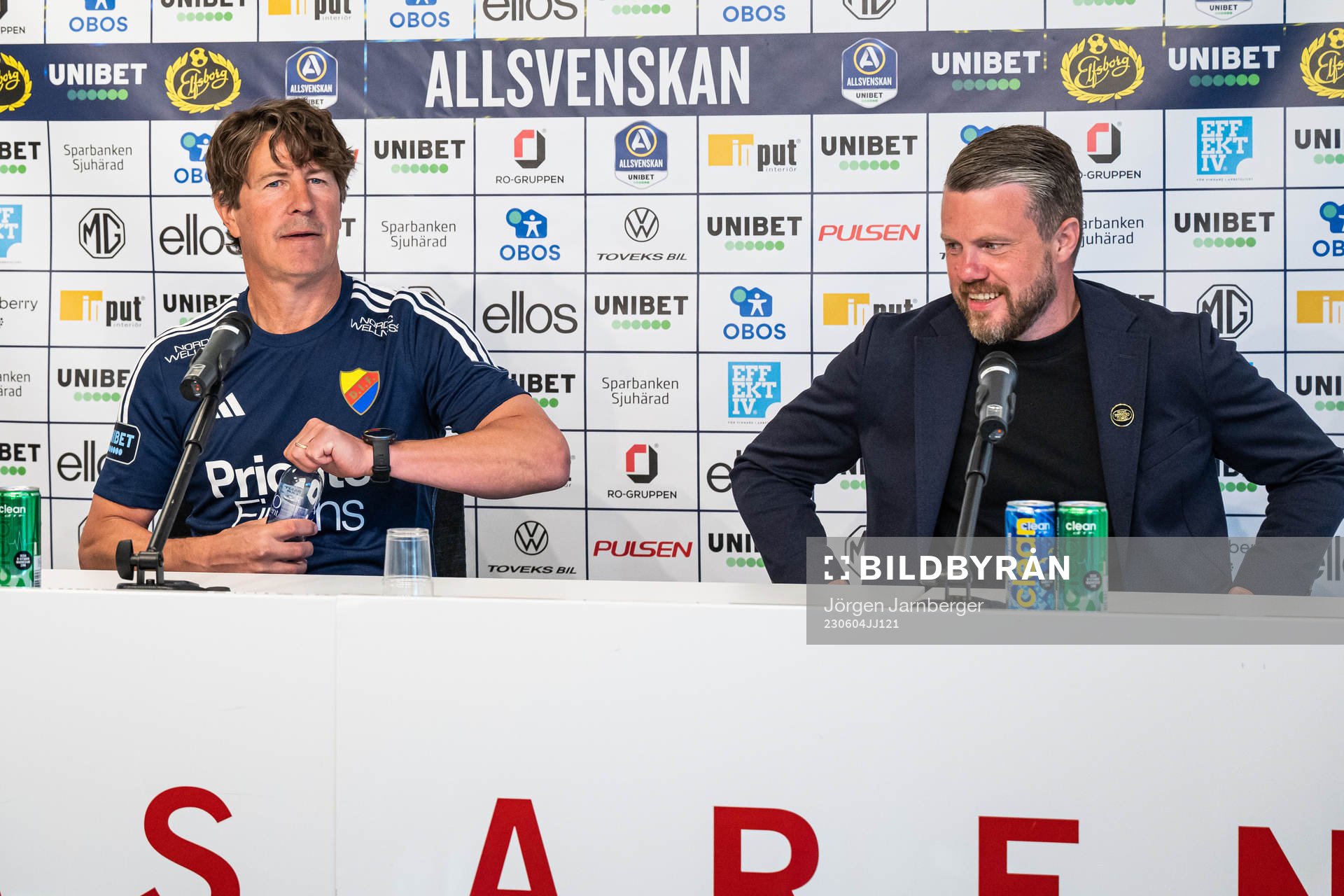 Djurgårdens tränare Thomas Lagerlöf och Elfsborgs manager Jimmy Thelin under presskonferensen efter fotbollsmatchen i Allsvenskan mellan Elfsborg och Djurgården den 4 juni 2023 i Borås.