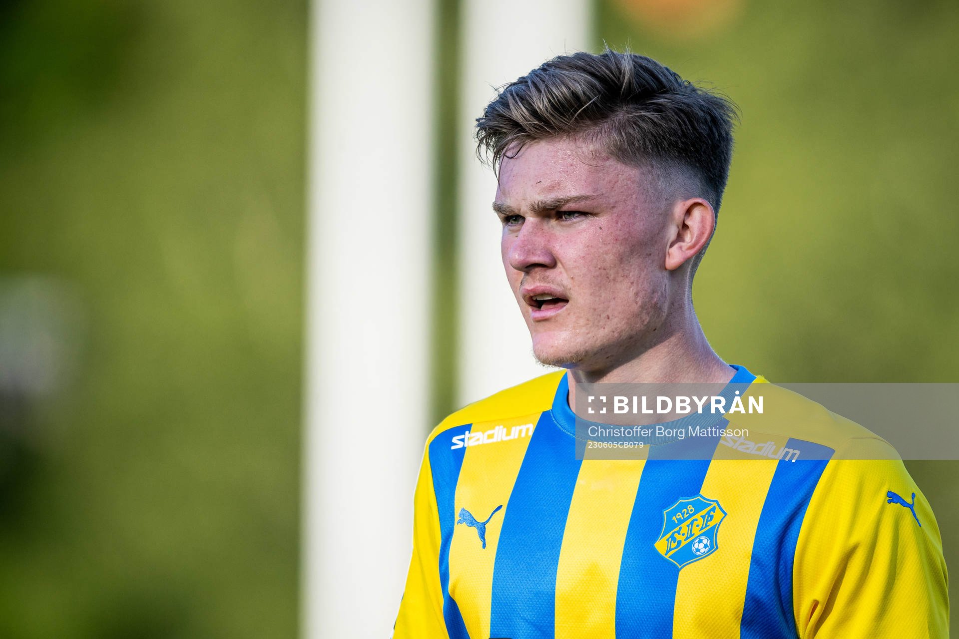Eskilsminne IFs Lucas Larsen under fotbollsmatchen i Division 1 Södra mellan Eskilsminne IF och Ängelholm den 5 juni 2023 i Helsingborg.