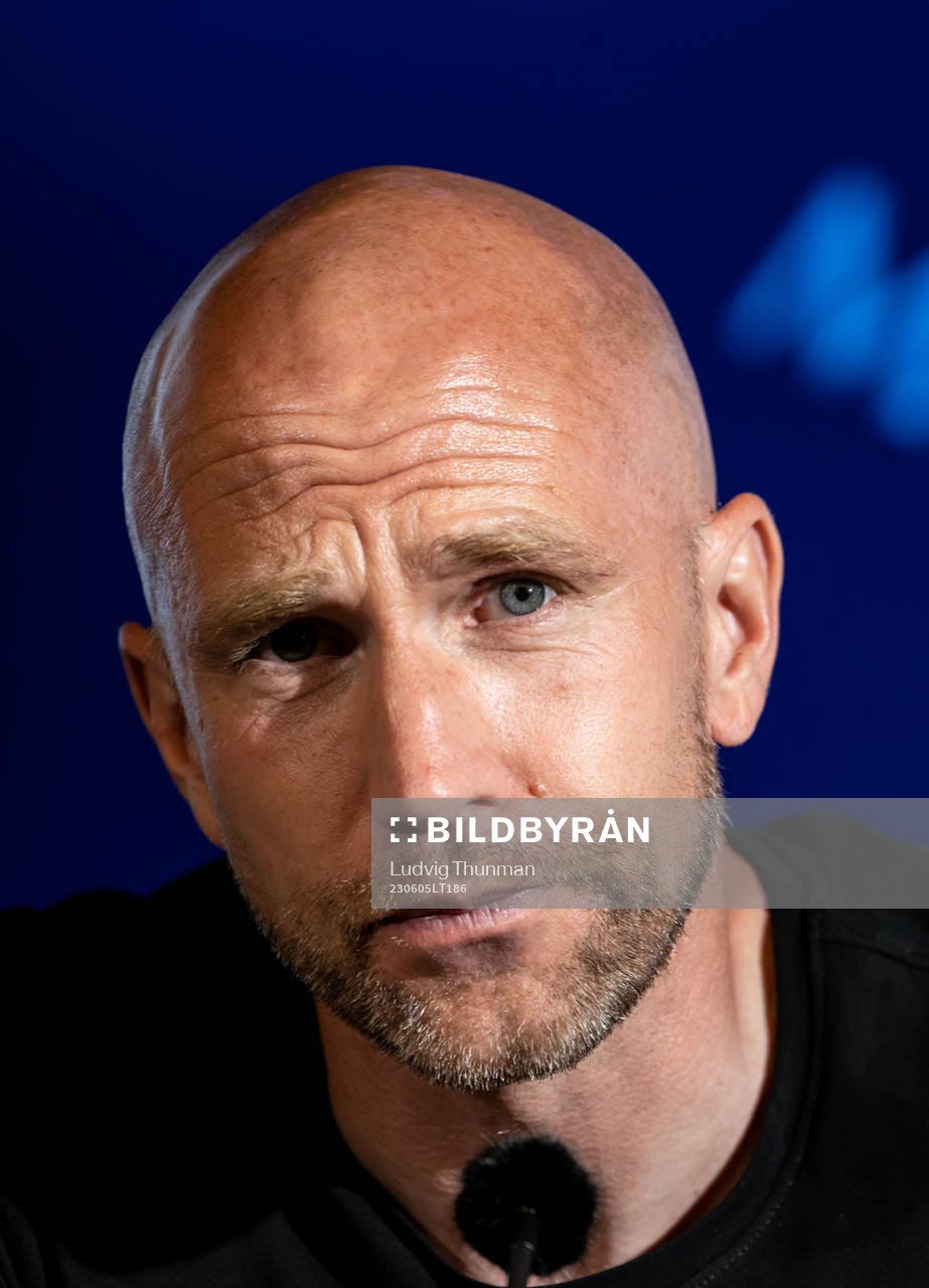 Malmö FFs tränare Henrik Rydström under presskonferensen efter fotbollsmatchen i Allsvenskan mellan Malmö FF och Degerfors den 5 juni 2023 i Malmö.