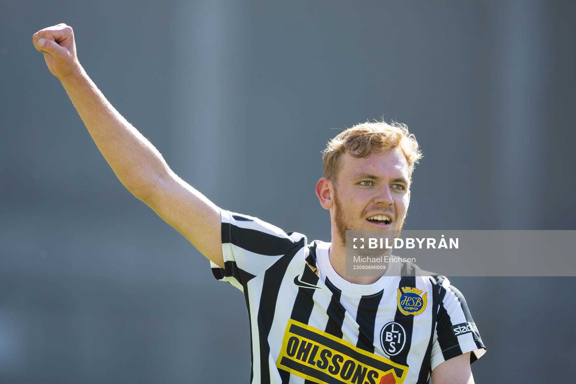 Landskronas Melker Jonsson  jublar efter fotbollsmatchen i Superettan mellan Örgryte och Landskrona den 6 juni 2023 i Göteborg. 