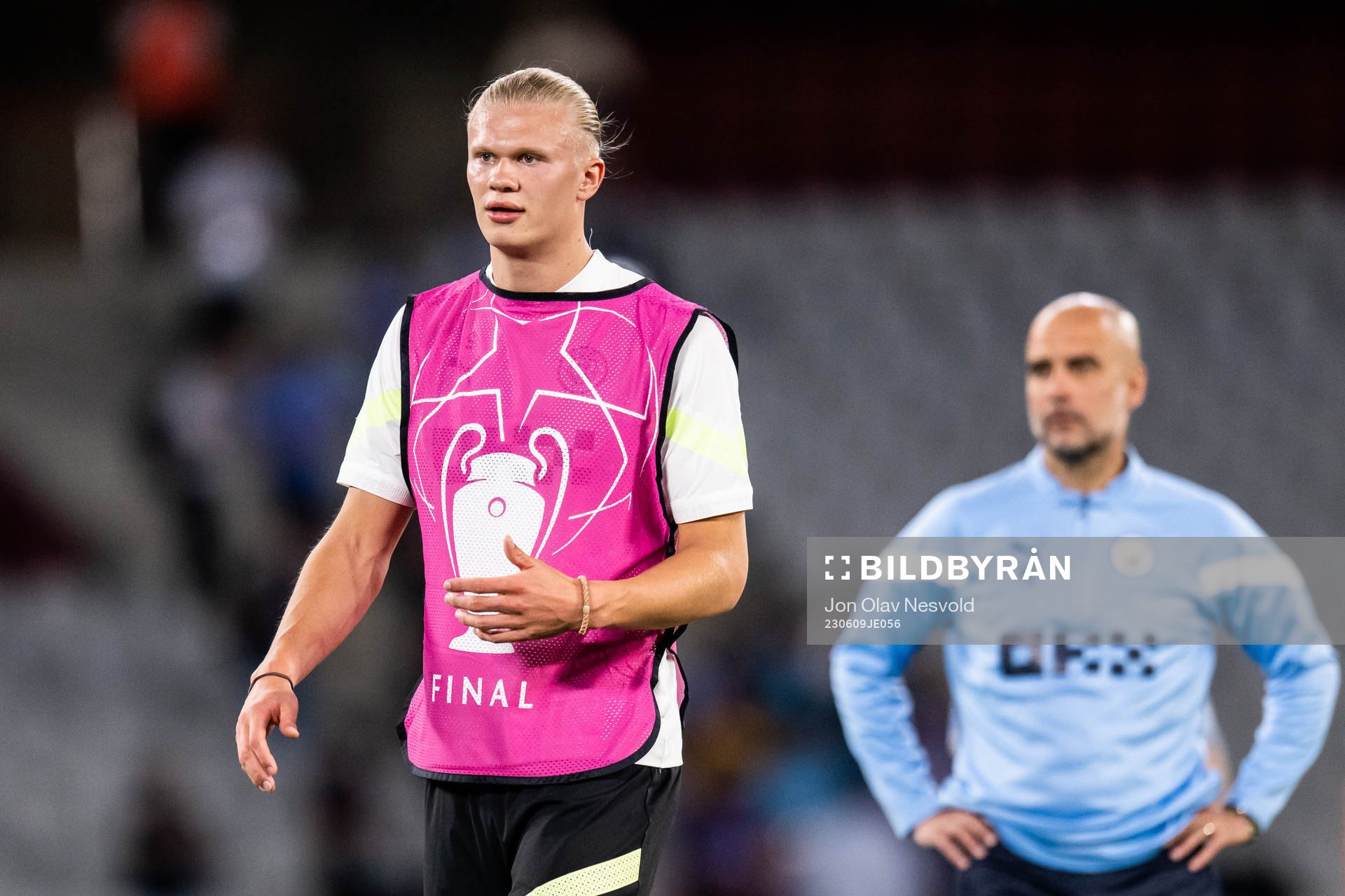 Erling Braut Haaland and Pep Guardiola, head coach of