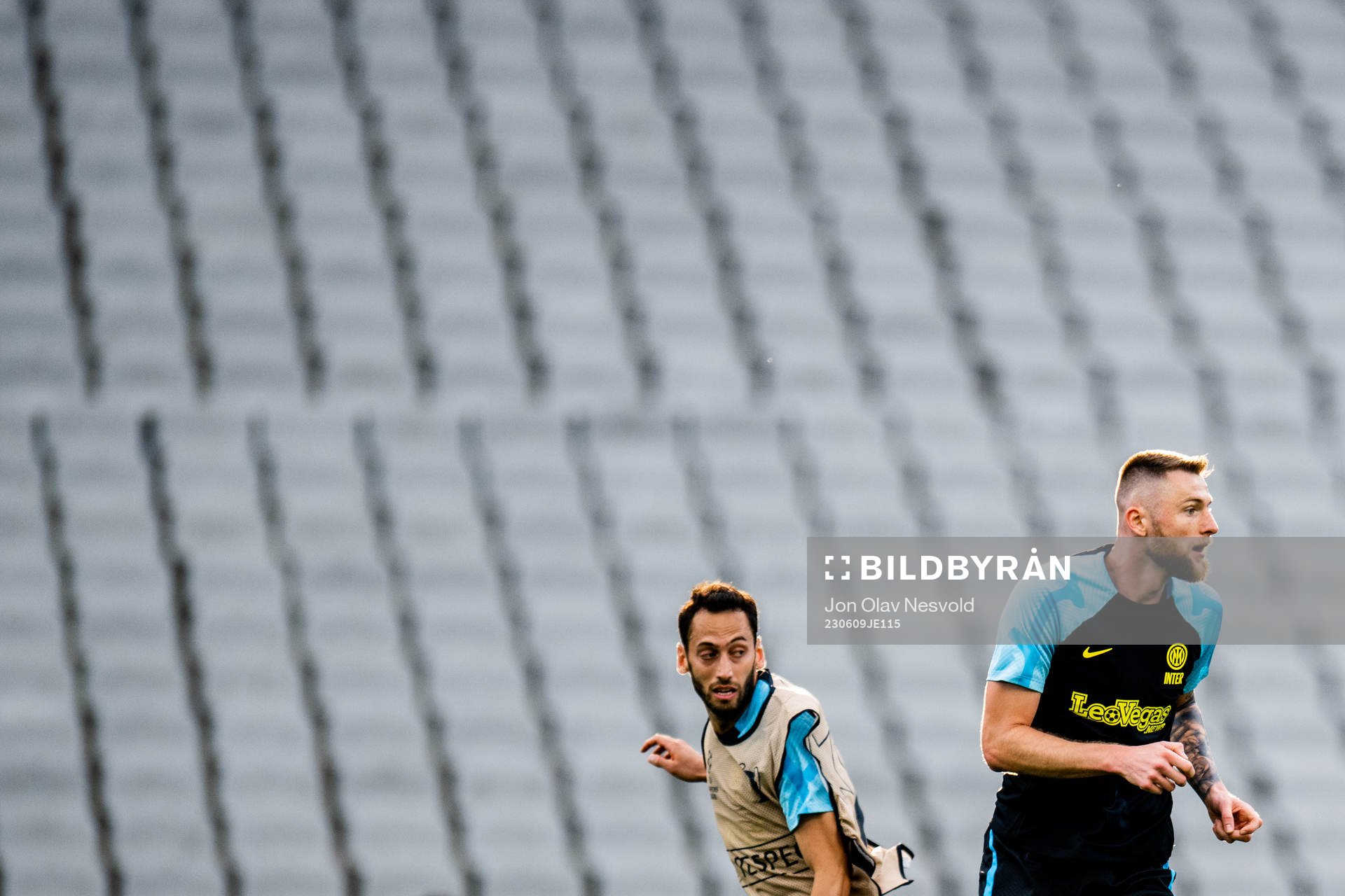 Hakan Calhanoglu and Milan Skriniar of Inter at a training