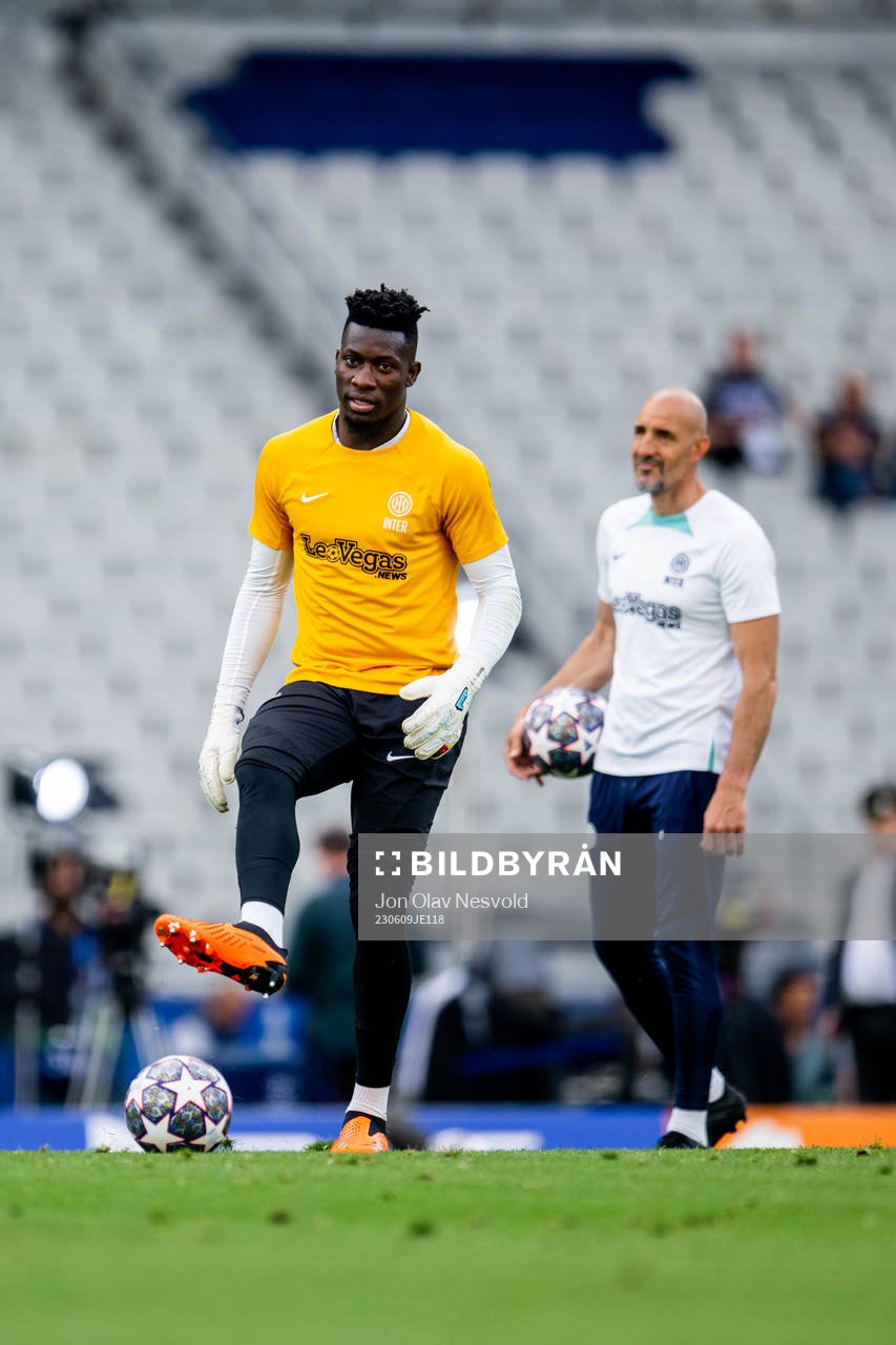 Goalkeeper André Onana of Inter at a training session ahead of the UEFA Champions League final on June 9, 2023 in Istanbul. 