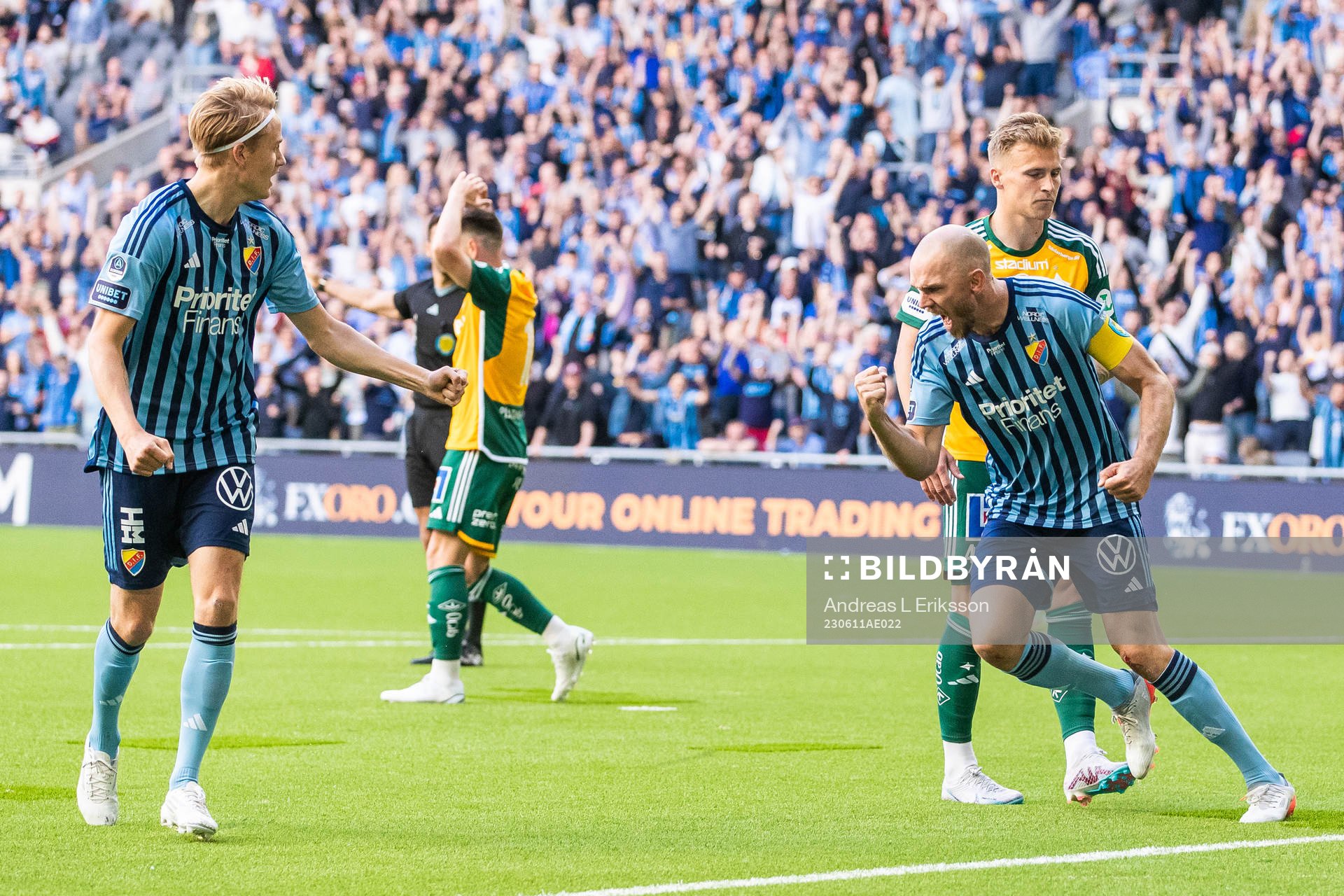 Djurgårdens Marcus Danielson jublar efter att han gjort 2-2 under fotbollsmatchen i Allsvenskan mellan Djurgården och IFK Norrköping den 11 juni 2023 i Stockholm.