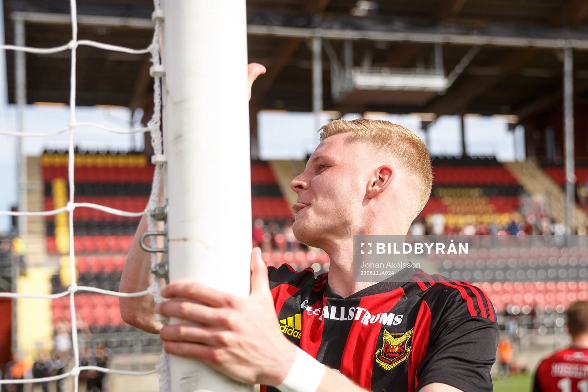 Östersunds Malcolm Stolt jublar efter fotbollsmatchen i Superettan mellan Östersund och Örgryte den 11 juni 2023 i Östersund. 