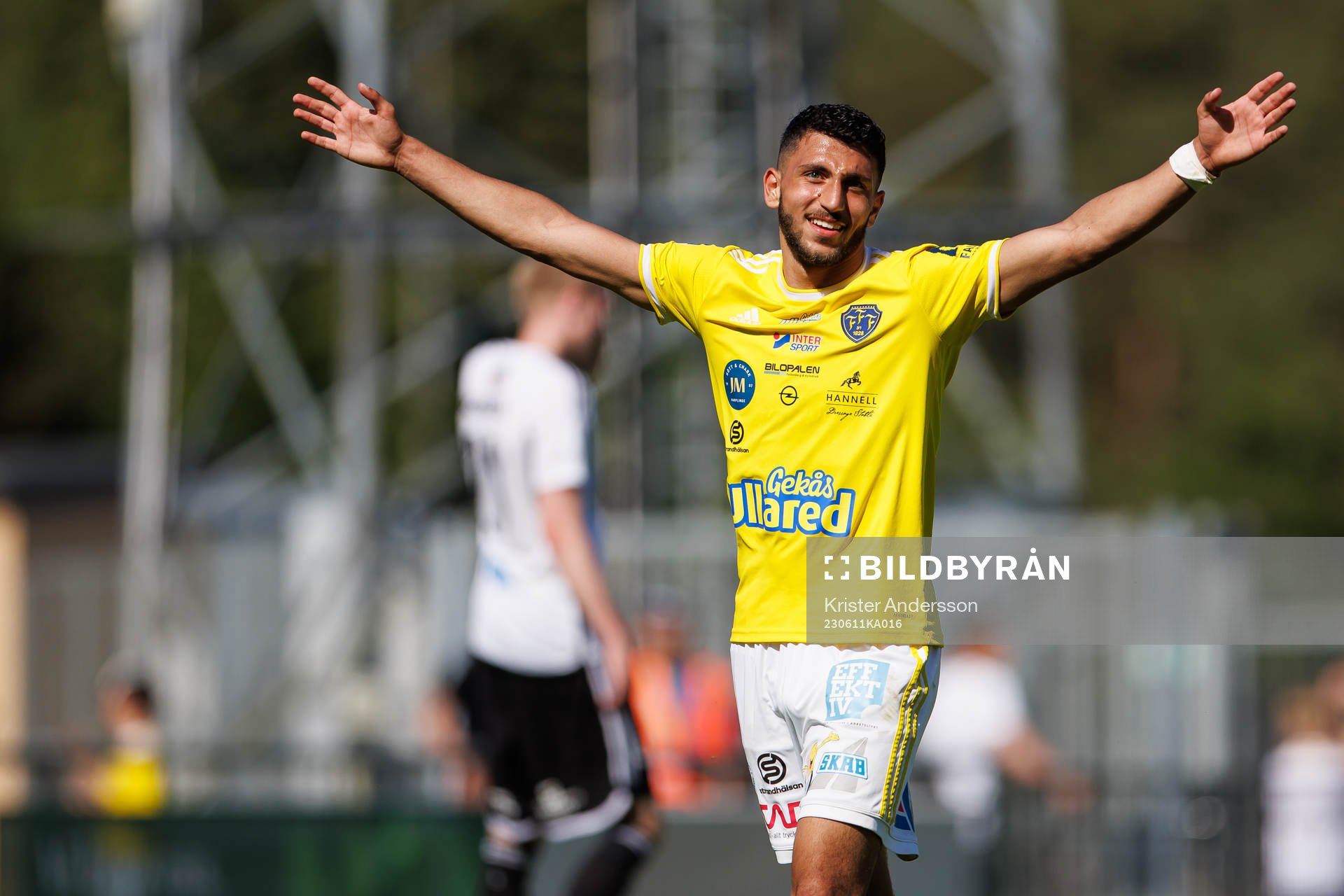 Falkenbergs Leonardo Farah Shahin jublar under fotbollsmatchen i Ettan södra mellan Falkenberg och Oskarshamn den 11 juni 2023 i Falkenberg.