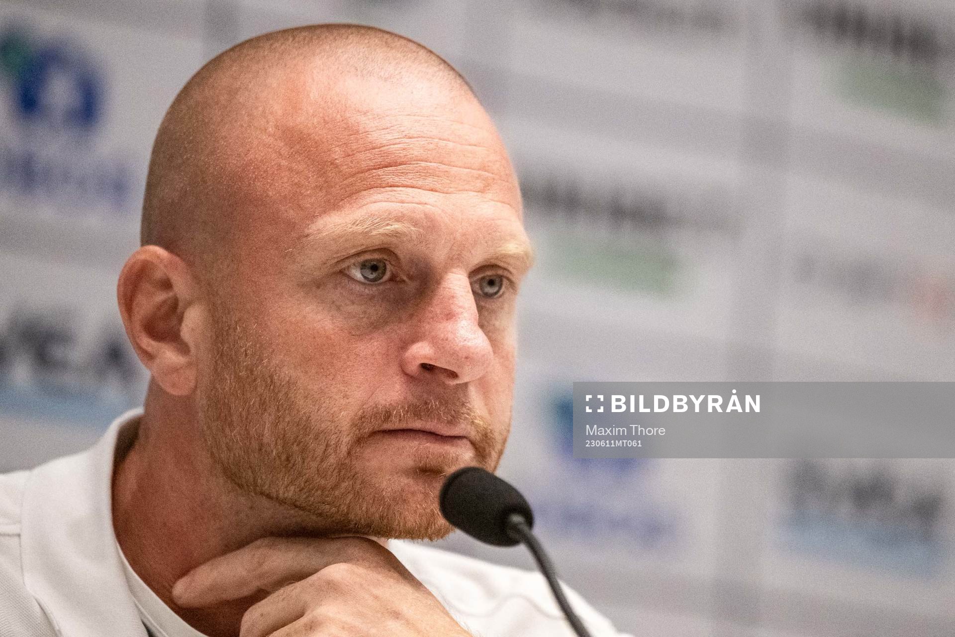 AIKs tränare Andreas Brännström på en presskonferens efter fotbollsmatchen i Allsvenskan mellan AIK och Elfsborg den 11 juni 2023 i Stockholm. 