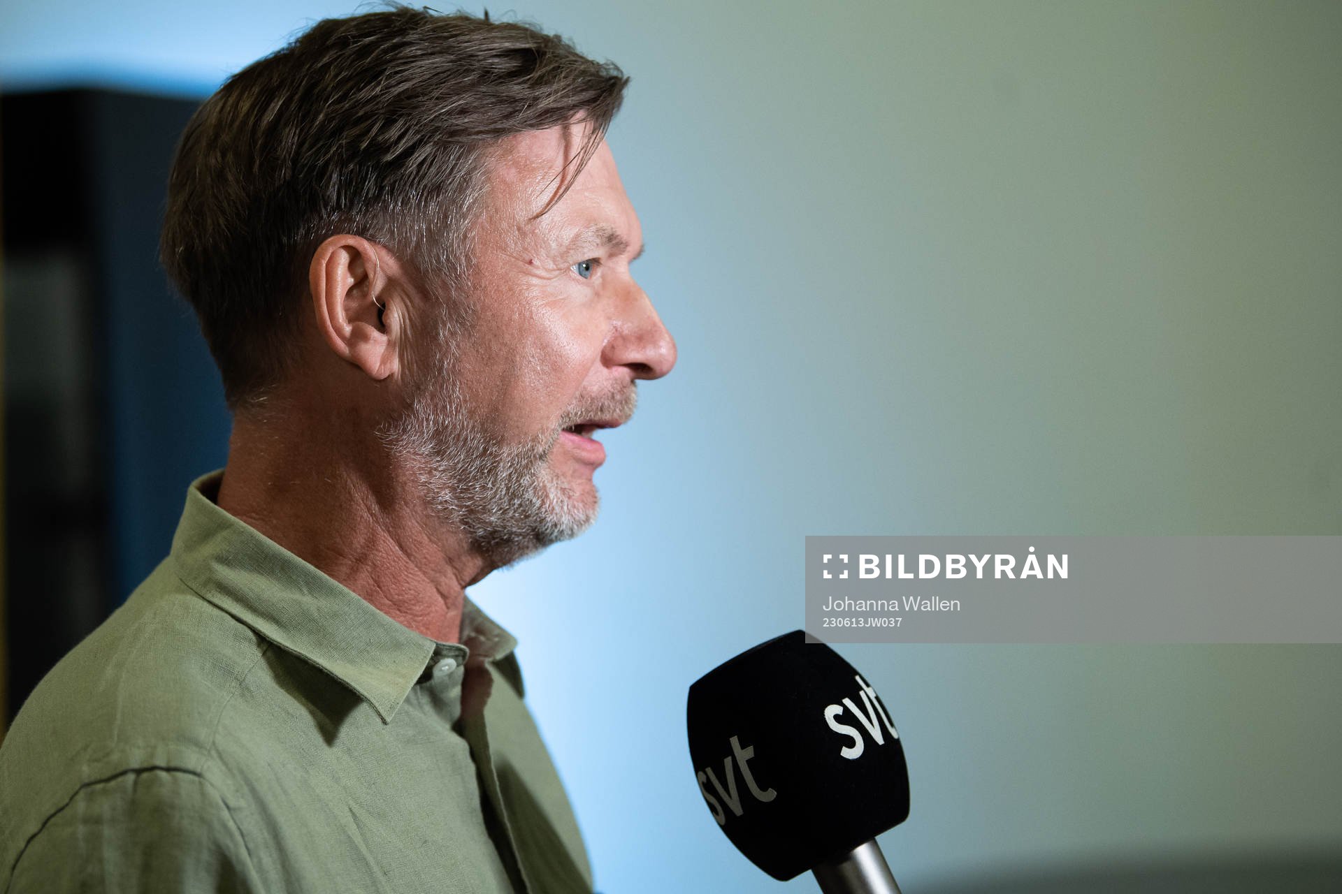 Peter Gerhardsson, head coach of the Swedish women's national football team during a press conference on June 13, 2023 in Stockholm.