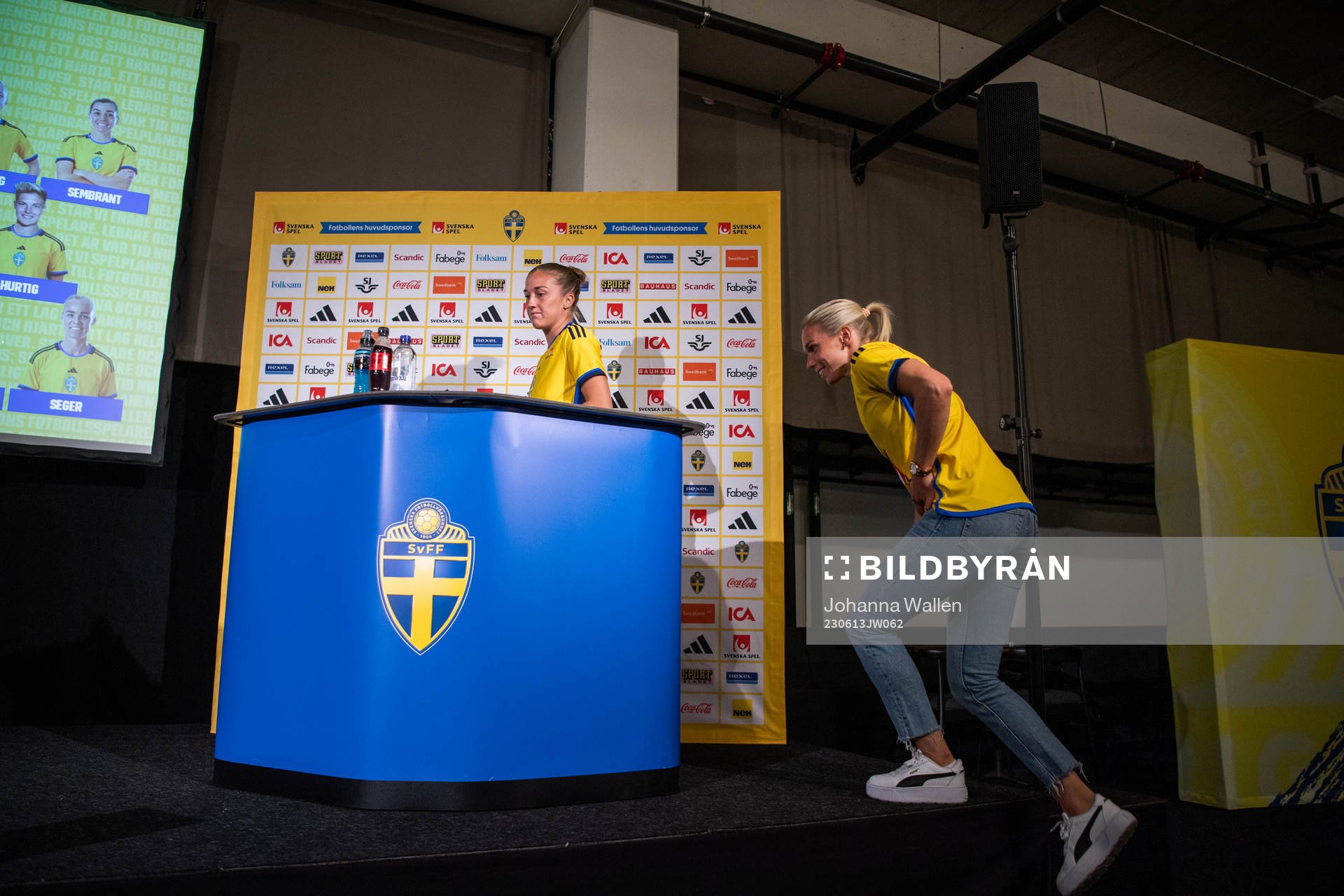 Filippa Angeldahl and Jonna Andersson of the Swedish women's national football team during a press conference on June 13, 2023 in Stockholm.