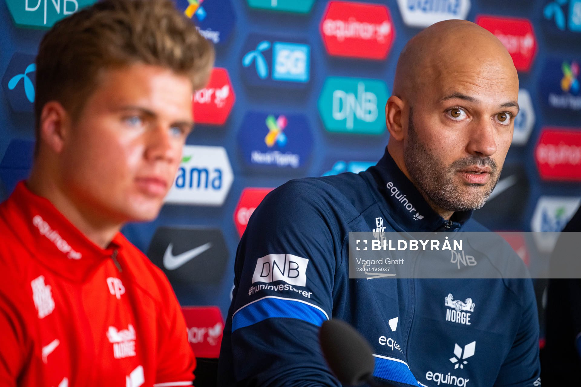 Vetle Walle Egeli and Luis Pimenta, head coach of the Norwegian U19 national football team, present the team selection ahead of the UEFA European Under-19 Championship during a press conference on June 14, 2023 in Oslo.