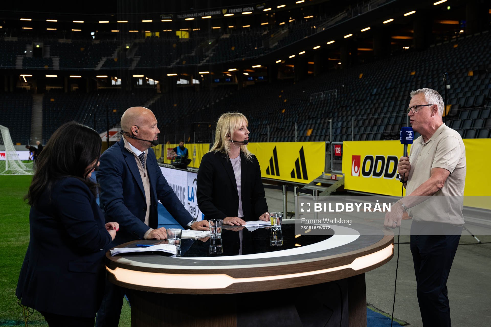 Jennifer Kücükaslan, Fredrik Ljungberg and Johanna Frisk and Head coach Janne Andersson of Sweden in the Viaplay studio after the international friendly football match between Sweden and New Zealand on June 16, 2023 in Stockholm.