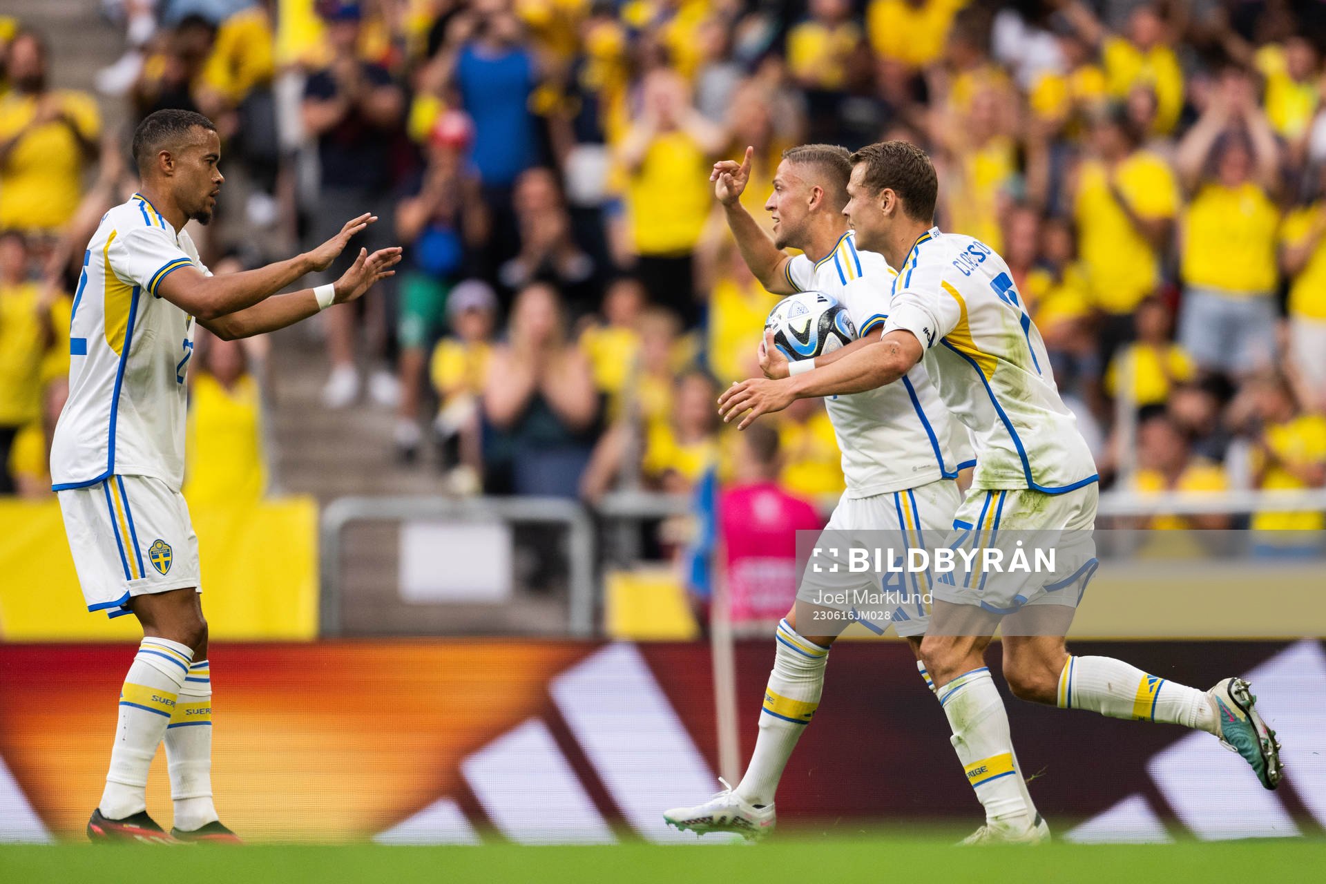 Robin Quaison Jesper Karlsson and Viktor Claesson celebrate