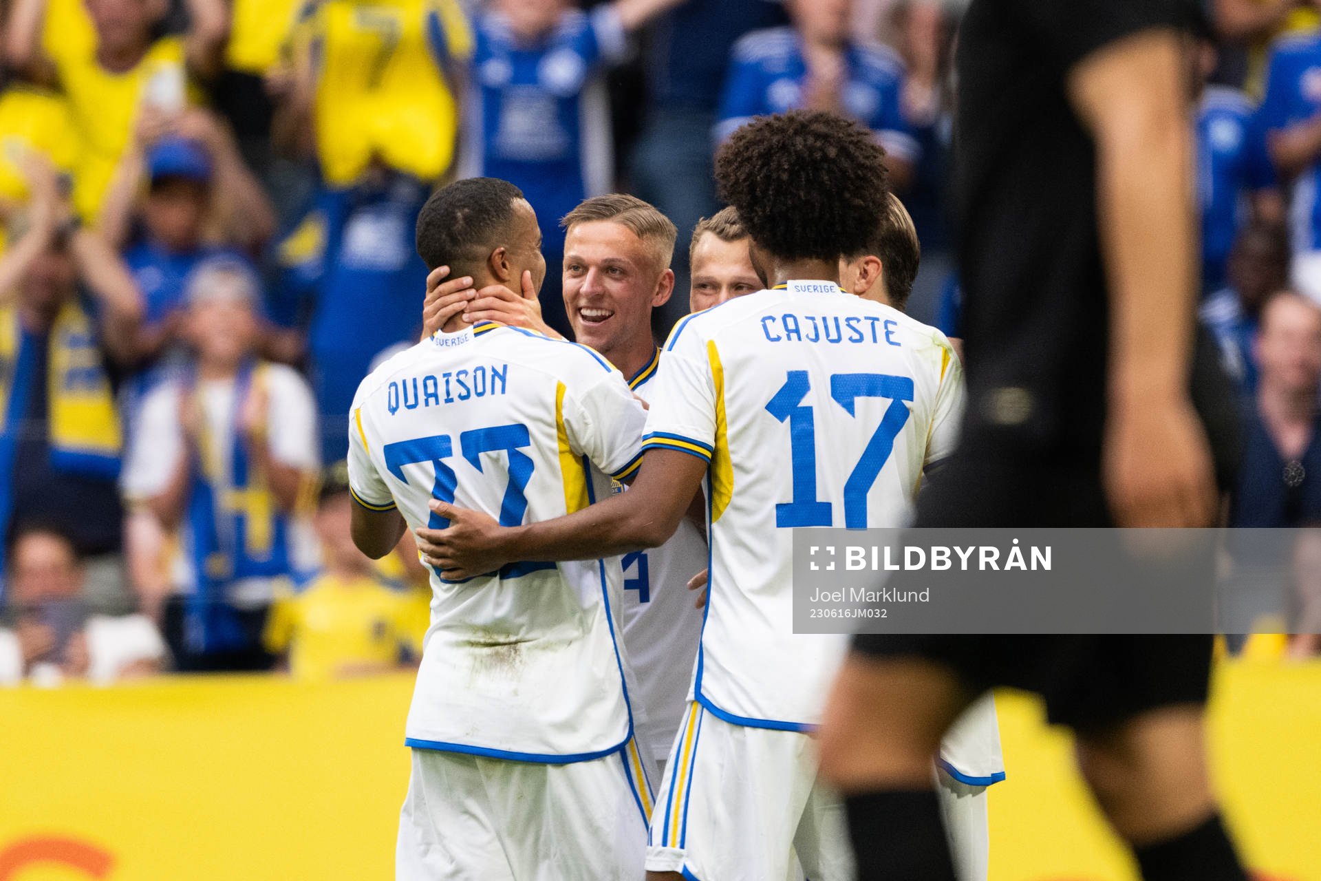 Robin Quaison, Jesper Karlsson and Jens Cajuste celebrate