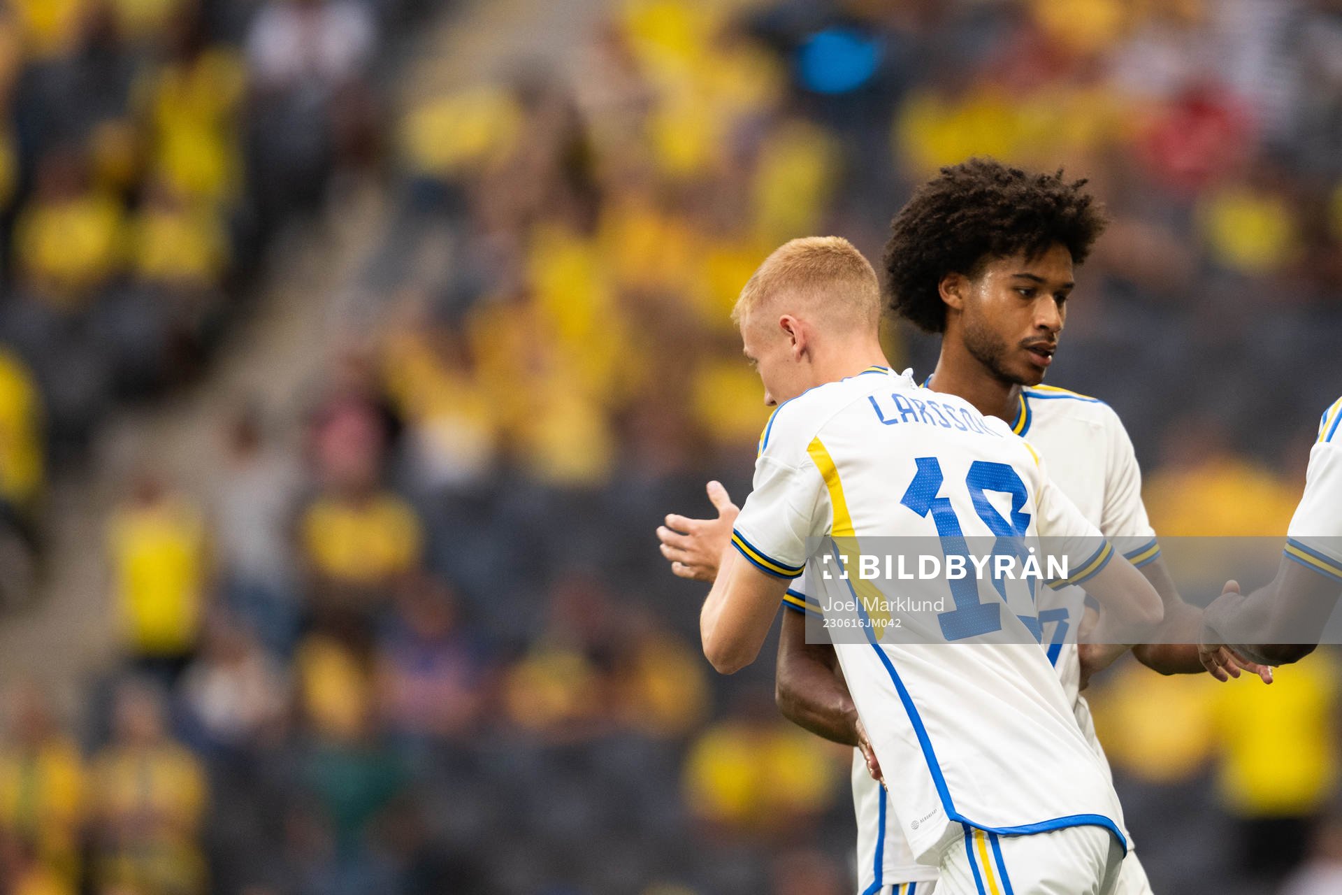 Hugo Larsson changes with Jens Cajuste of Sweden