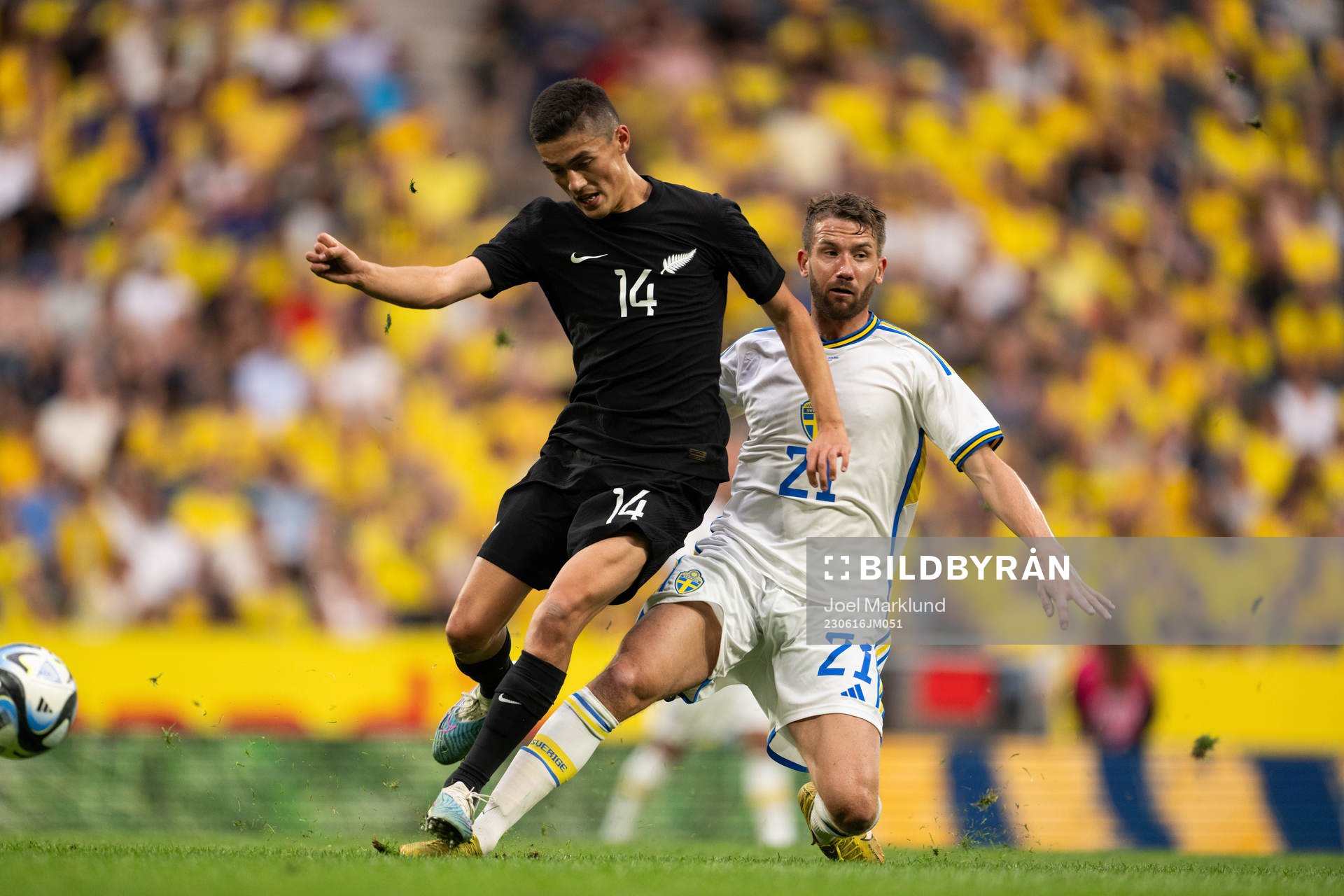 Elijah Just of New Zealand and Marcus Rohdén of Sweden during the international friendly football match between Sweden and New Zealand on June 16, 2023 in Stockholm.