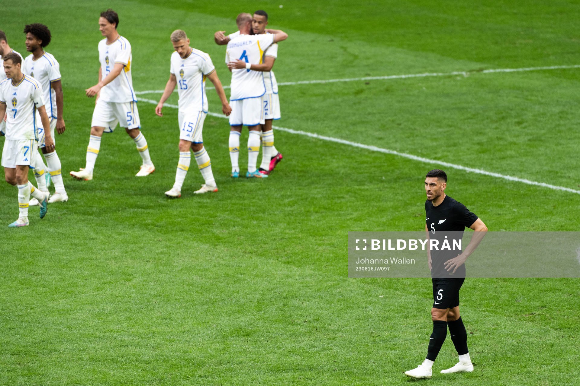 Players of Sweden celebrate and Michael Boxall of New