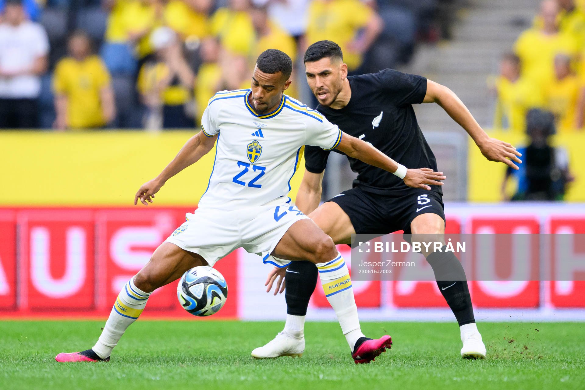 Robin Quaison of Sweden and Michael Boxall of New Zealand