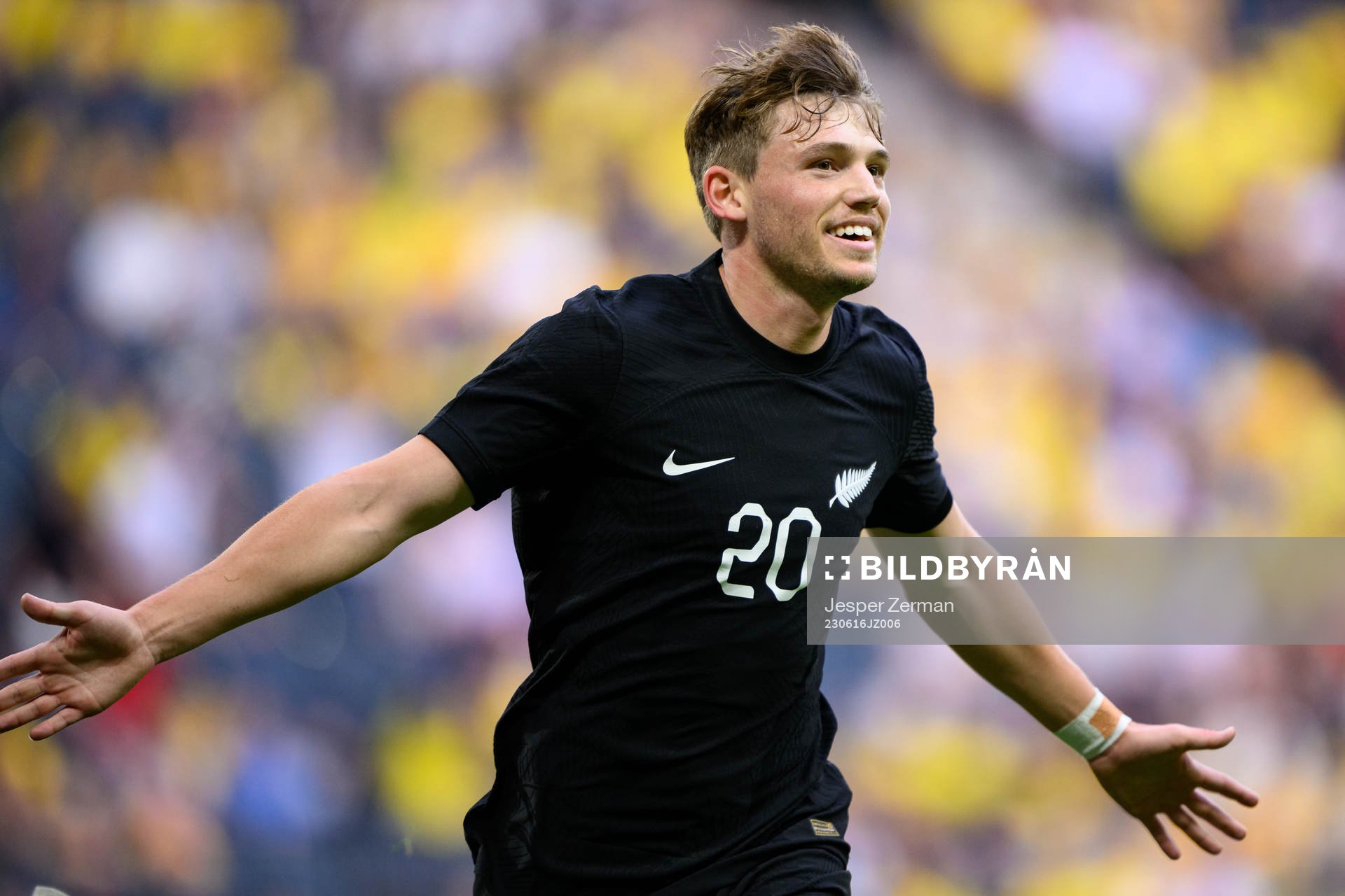 Callum Mccowatt of New Zealand celebrates after scoring 0-1 during the international friendly football match between Sweden and New Zealand on June 16, 2023 in Stockholm.