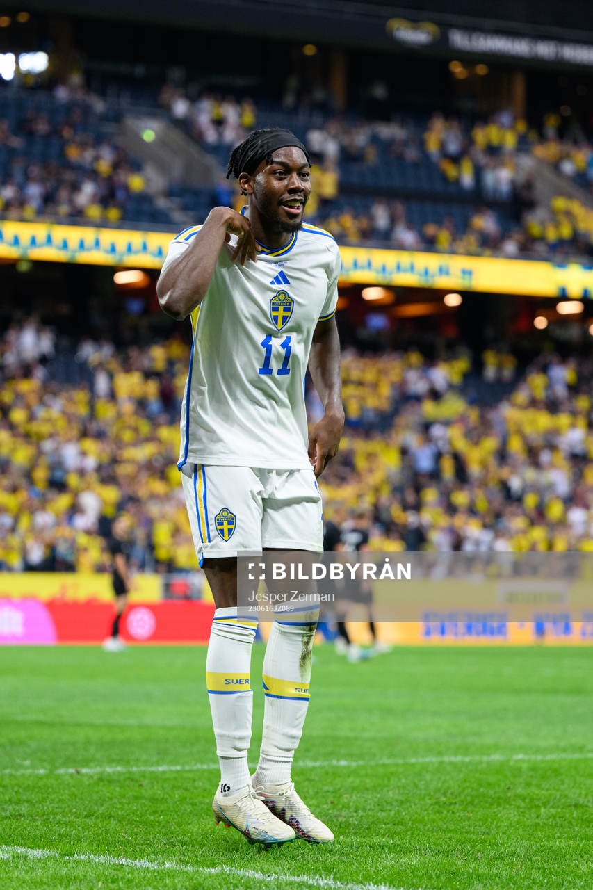 Anthony Elanga of Sweden celebrates after 4-1 during the international friendly football match between Sweden and New Zealand on June 16, 2023 in Stockholm.