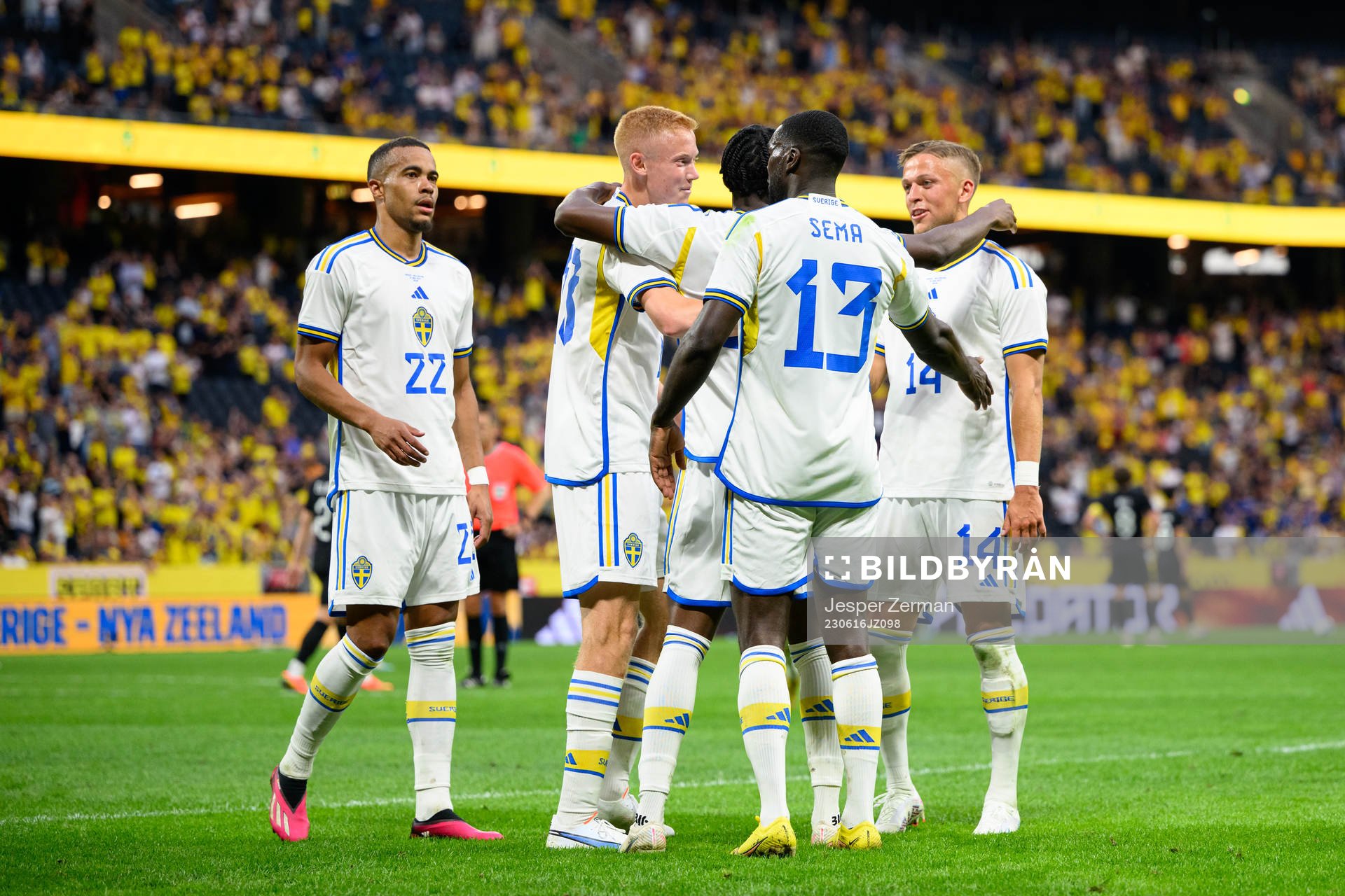 Players of Sweden celebrate after 4-1 by Anthony Elanga during the international friendly football match between Sweden and New Zealand on June 16, 2023 in Stockholm.