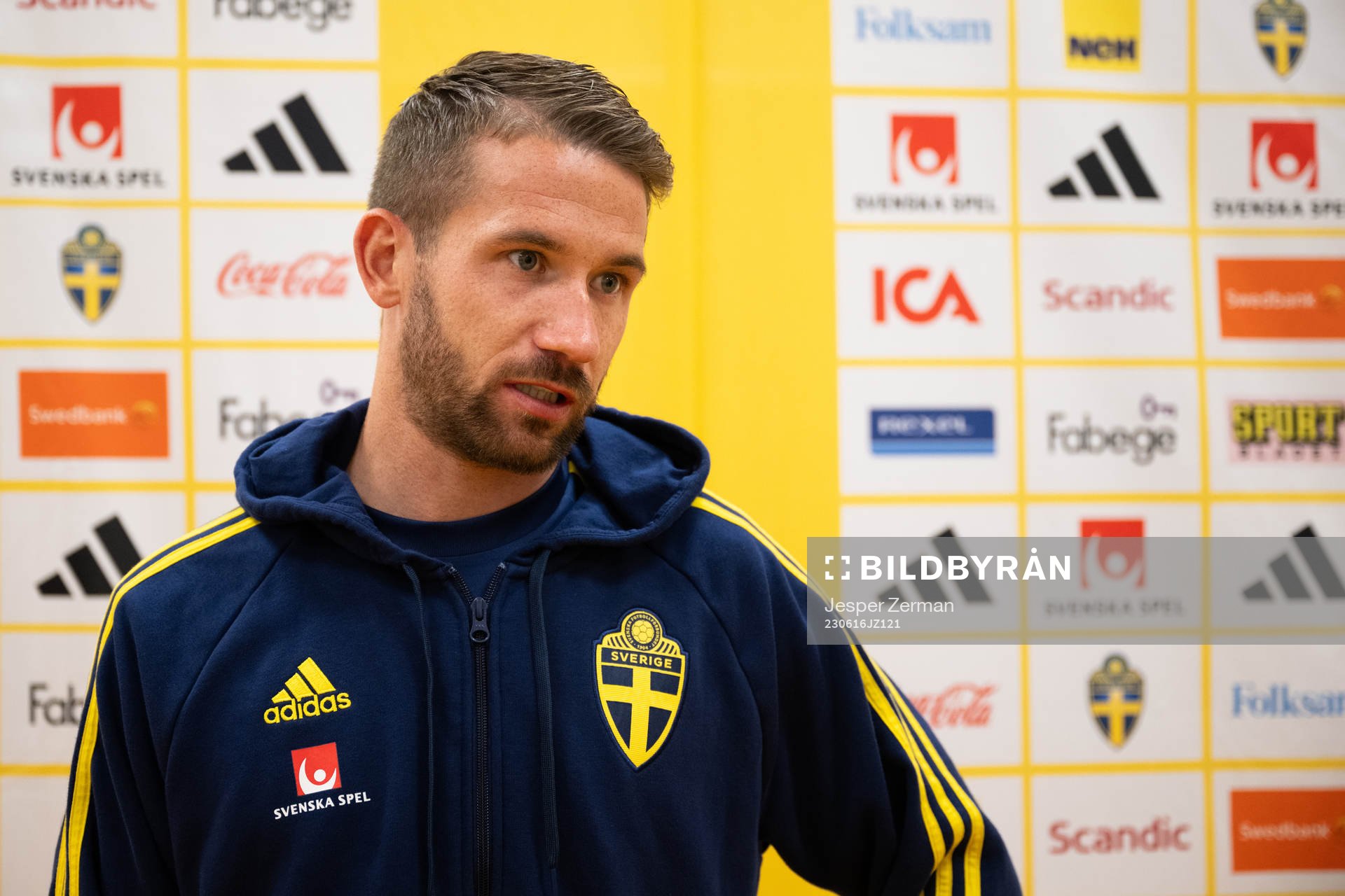 Marcus Rohdén of Sweden in the mixed zone after the international friendly football match between Sweden and New Zealand on June 16, 2023 in Stockholm.